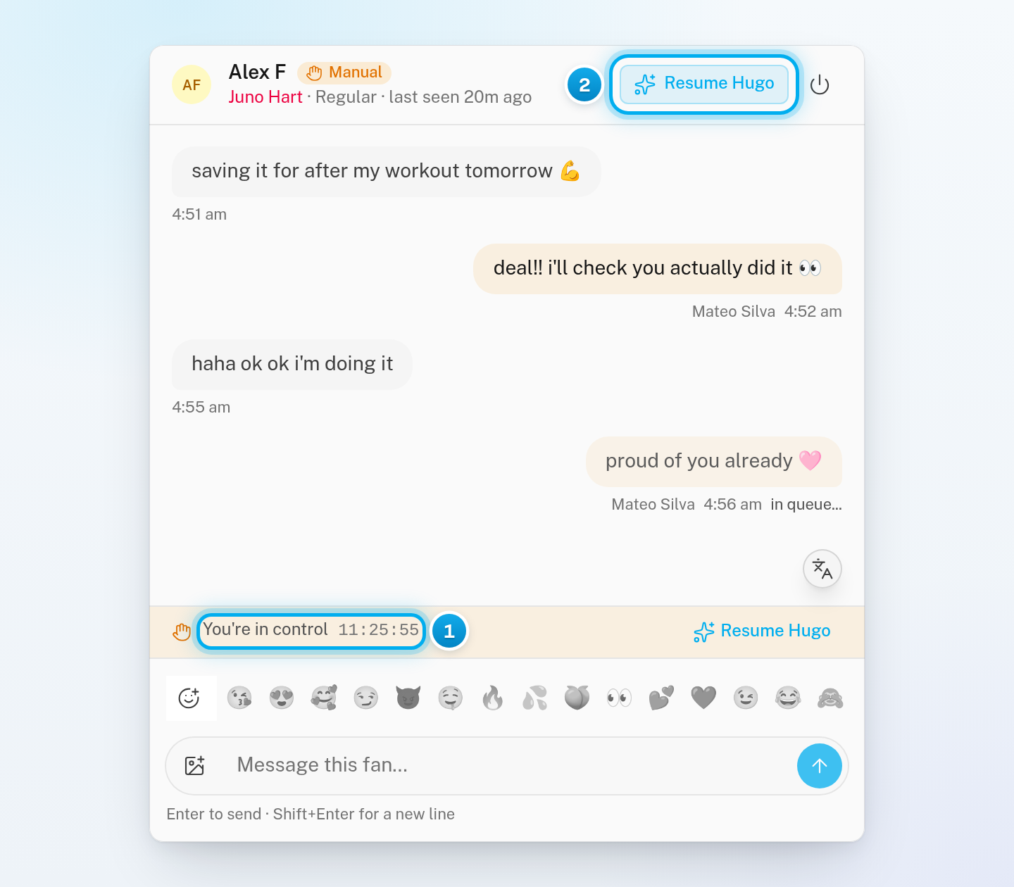 A Manual conversation with the You're in control bar and its countdown, and Resume Hugo at the top of the conversation