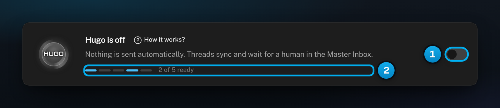 The Hugo card with Hugo is off, the switch turned off and setup progress at 2 of 5 ready