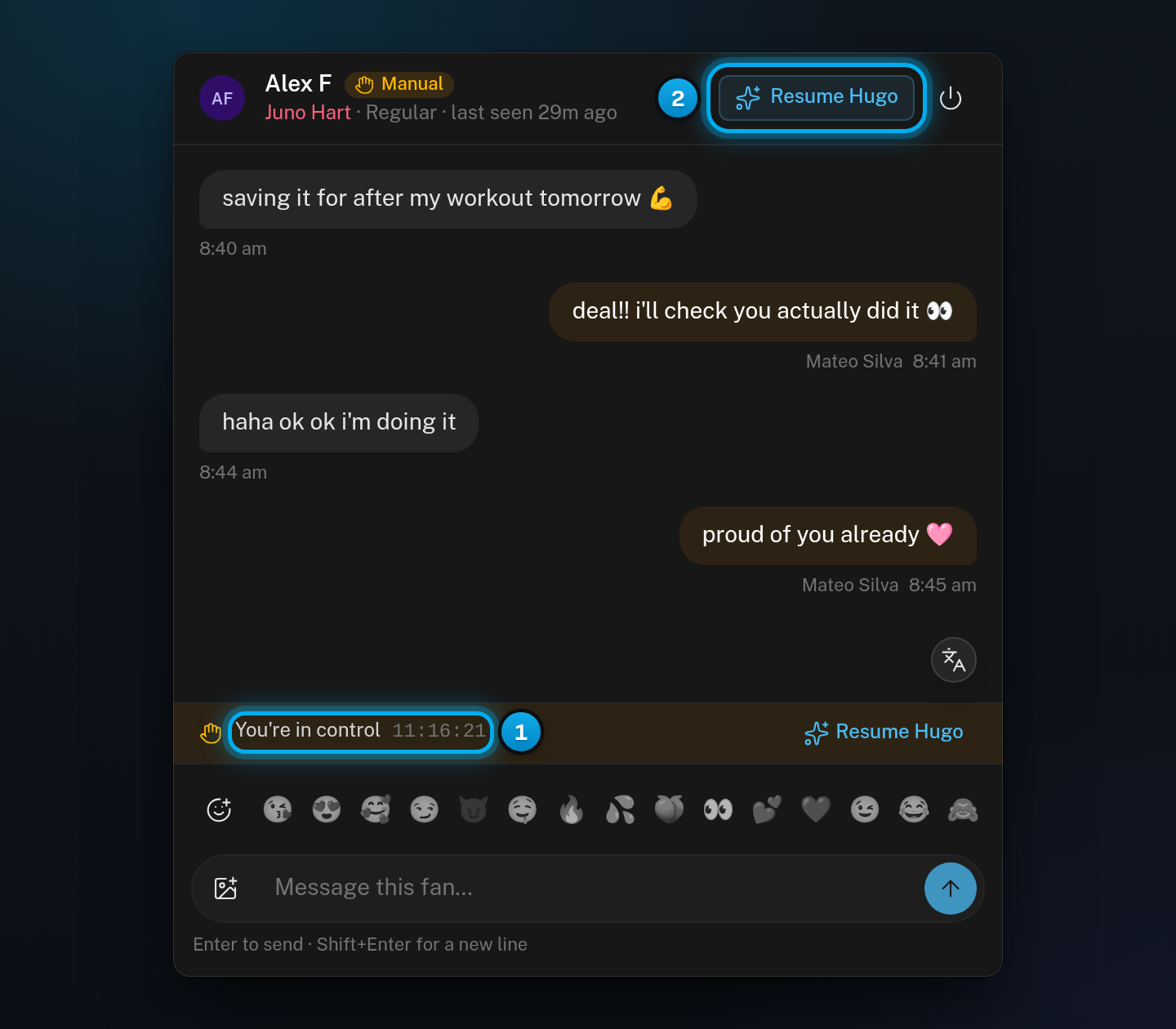 A Manual conversation with the You're in control bar and its countdown, and Resume Hugo at the top of the conversation