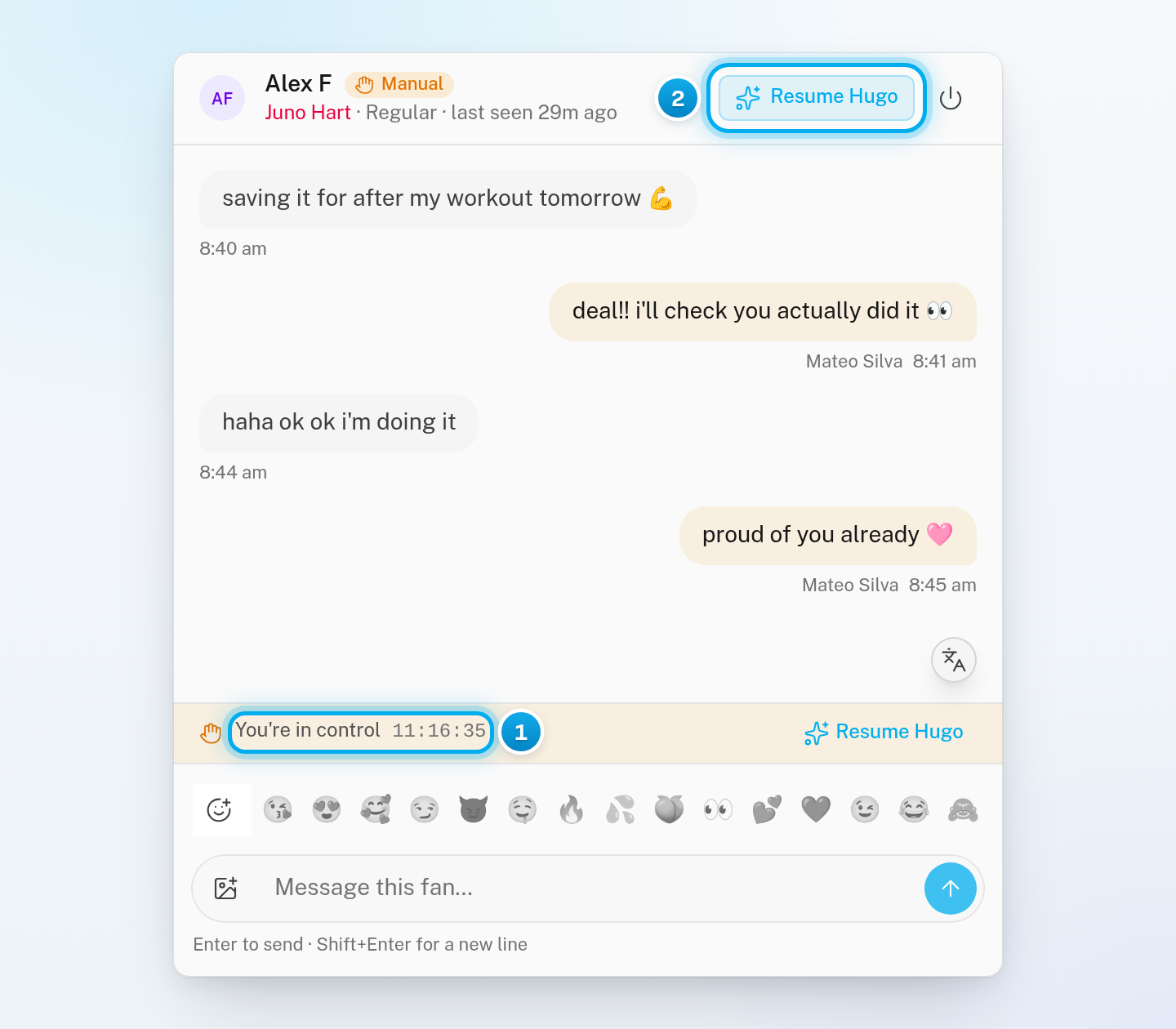 A Manual conversation with the You're in control bar and its countdown, and Resume Hugo at the top of the conversation