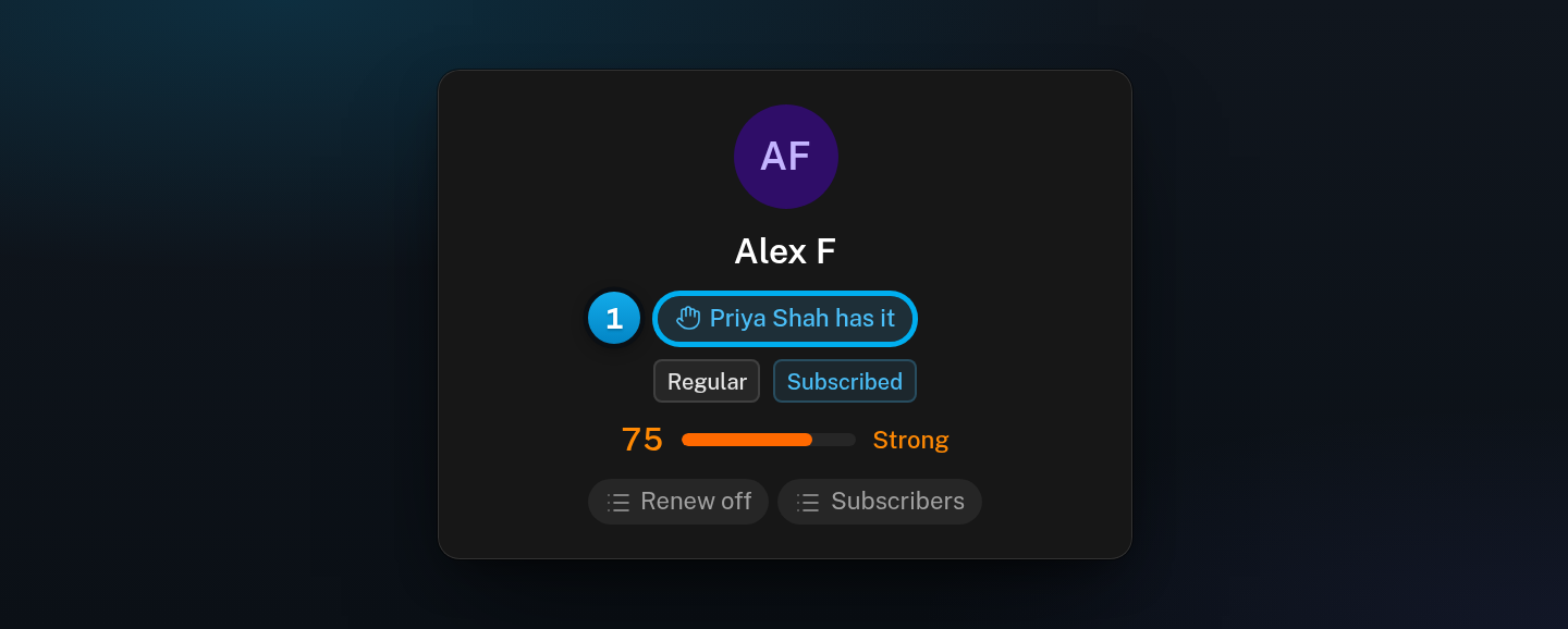 The top of the fan panel for a Manual conversation, with the tag under the fan's name that names who has it