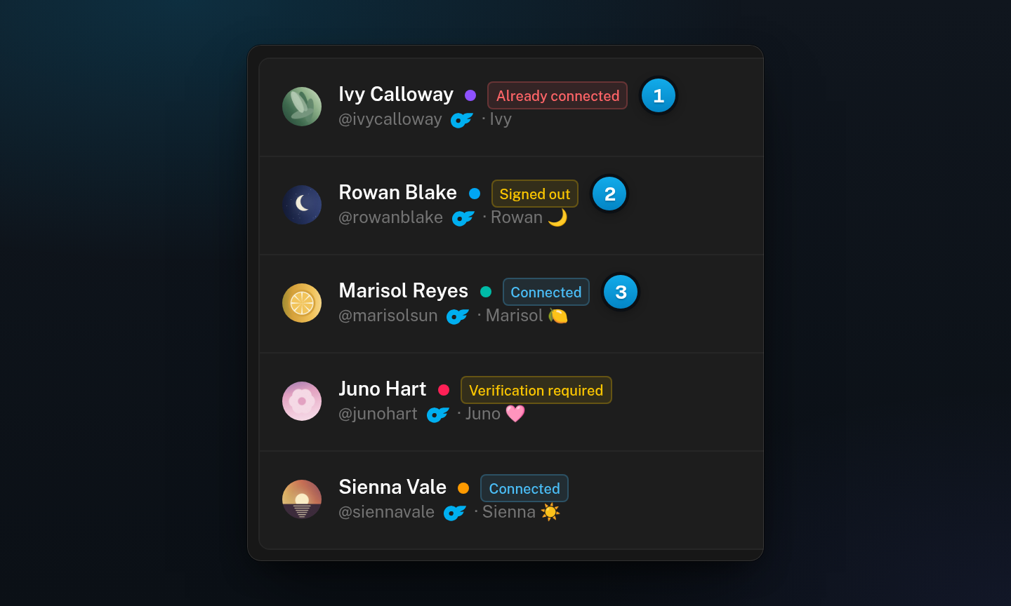 The creator list with statuses Already connected in red, Signed out and Verification required in yellow, and Connected