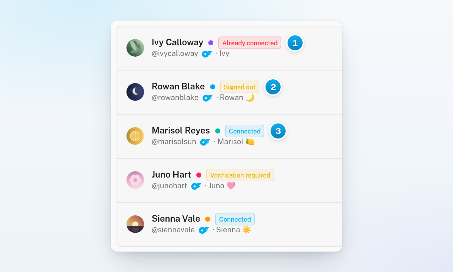 The creator list with statuses Already connected in red, Signed out and Verification required in yellow, and Connected