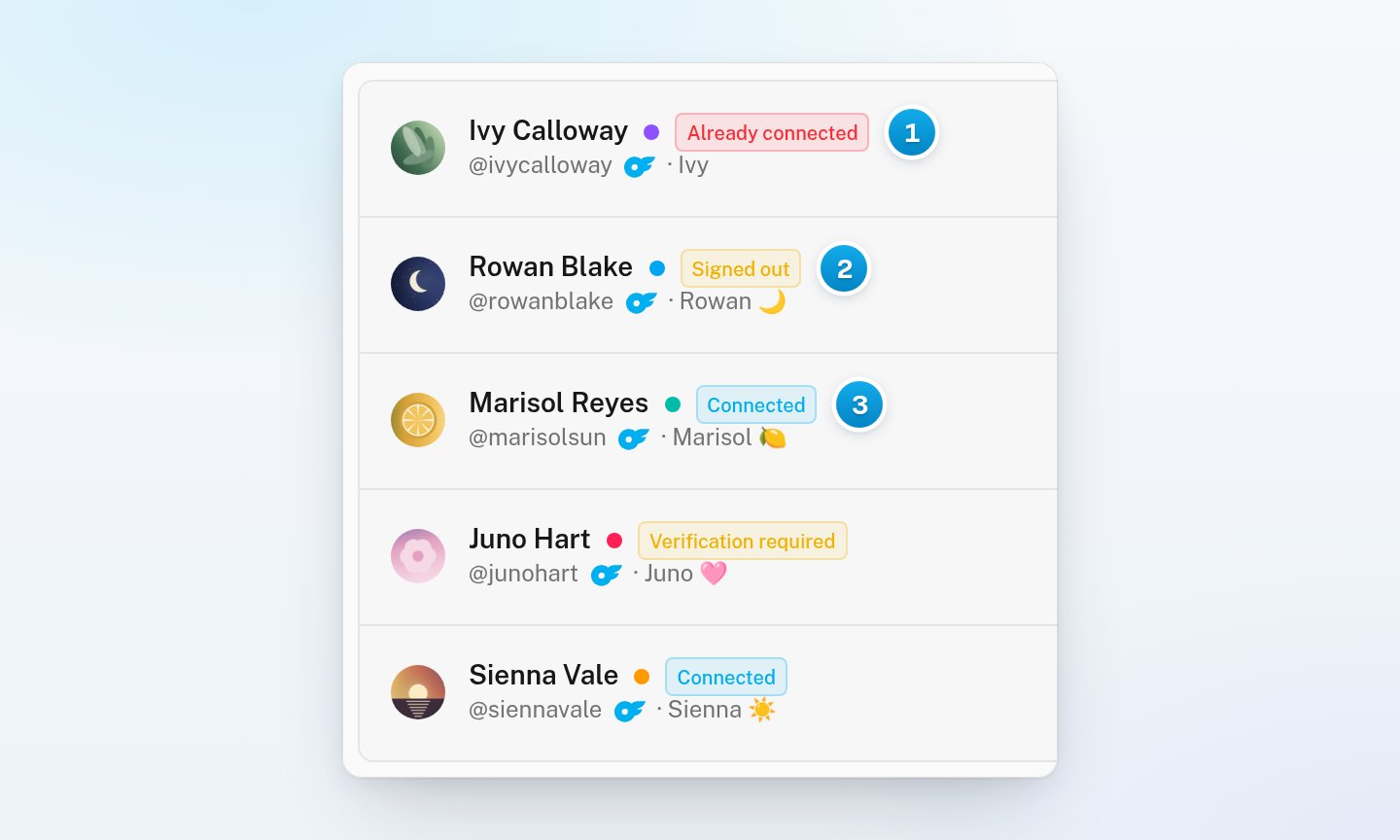The creator list with statuses Already connected in red, Signed out and Verification required in yellow, and Connected