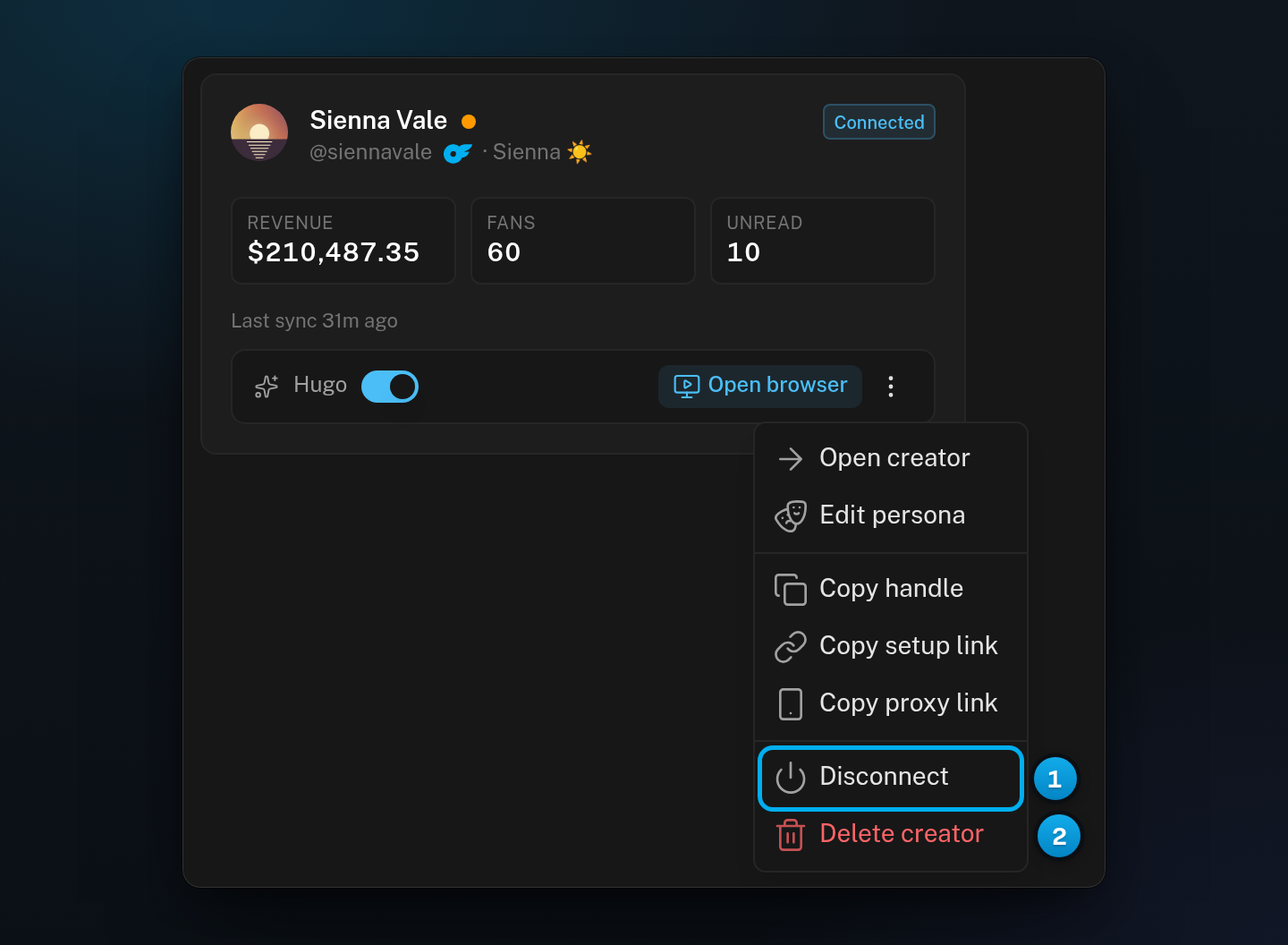 Sienna Vale's card with its three-dot menu open, showing Disconnect and Delete creator at the end of the menu