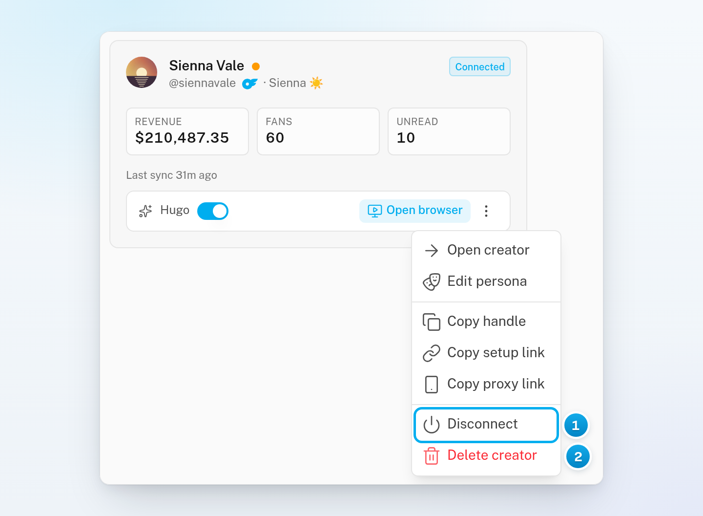 Sienna Vale's card with its three-dot menu open, showing Disconnect and Delete creator at the end of the menu