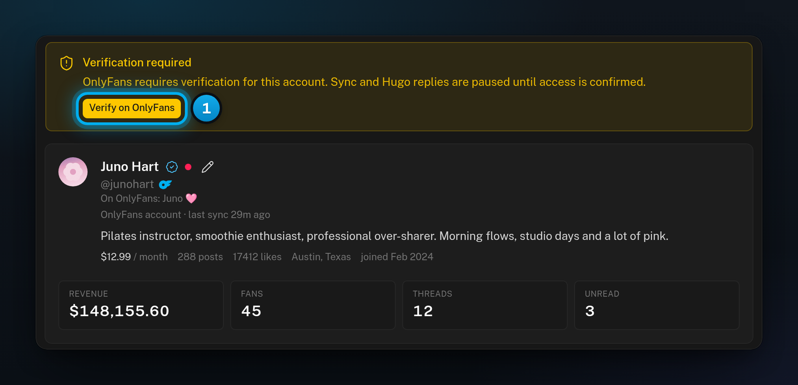 Juno Hart's Overview with the yellow Verification required alert and its Verify on OnlyFans button, above her profile card