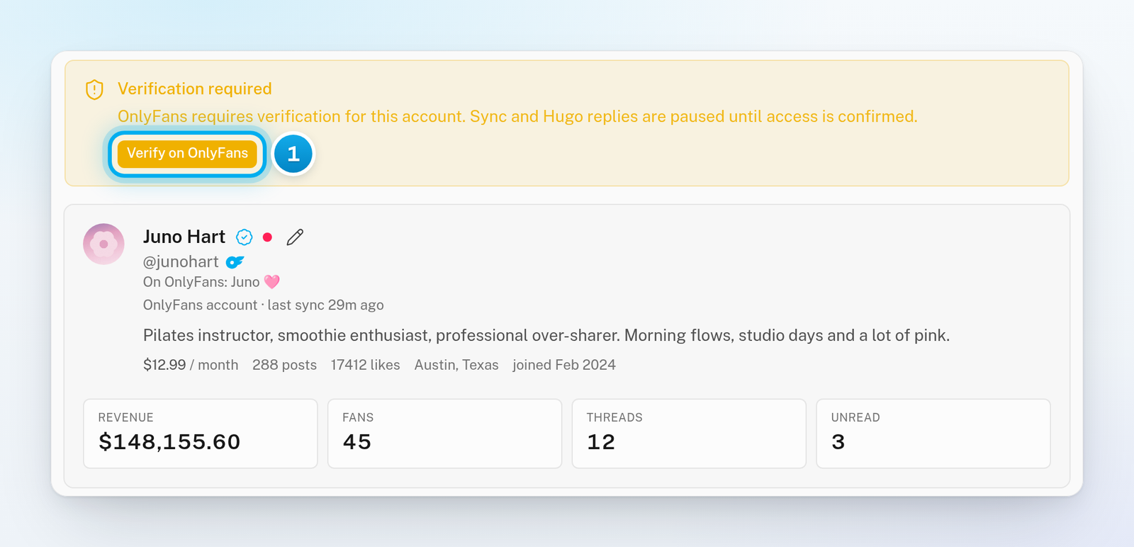 Juno Hart's Overview with the yellow Verification required alert and its Verify on OnlyFans button, above her profile card