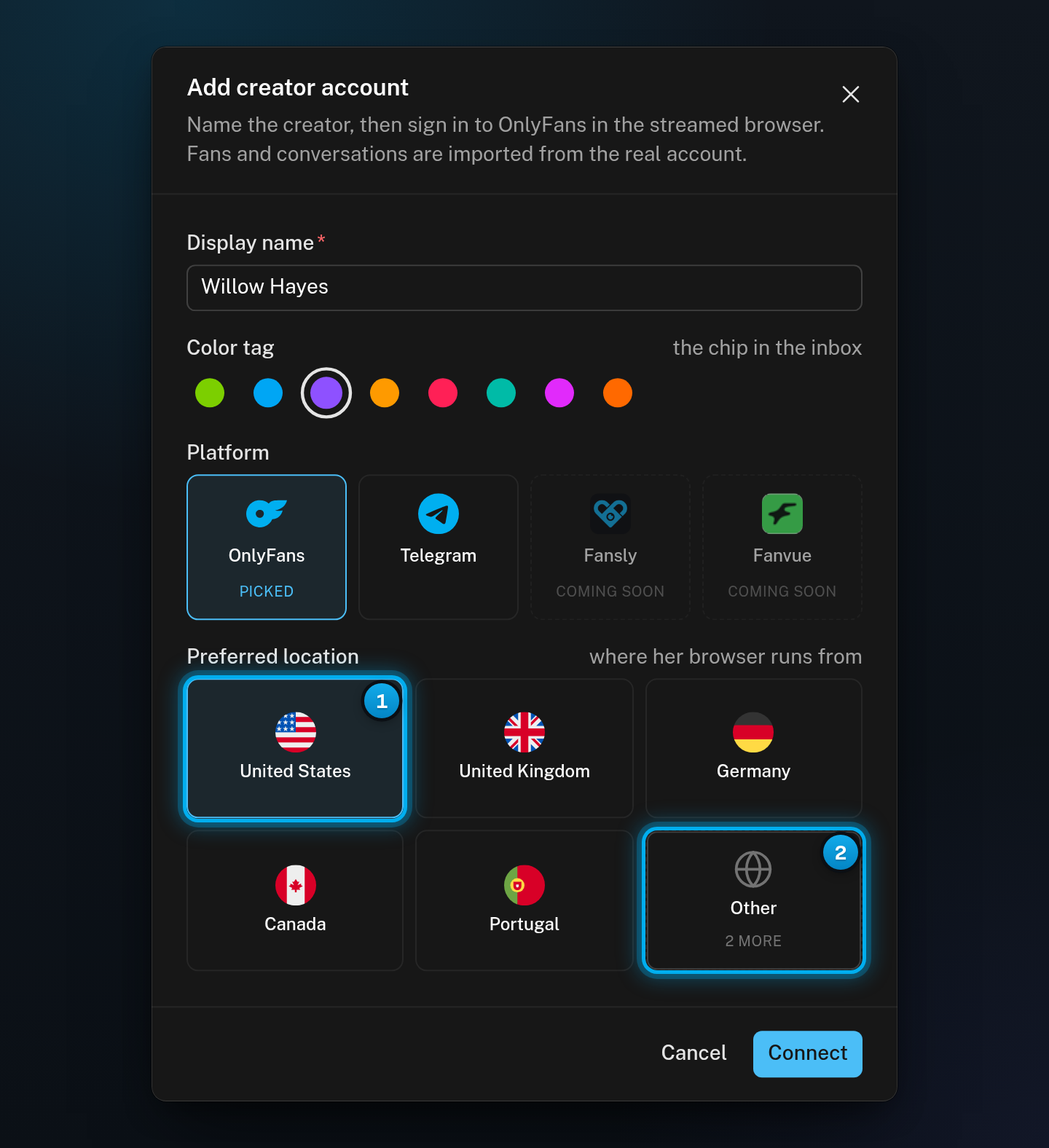The Add creator account window with the Preferred location cards, the United States selected, and the Other tile for more countries