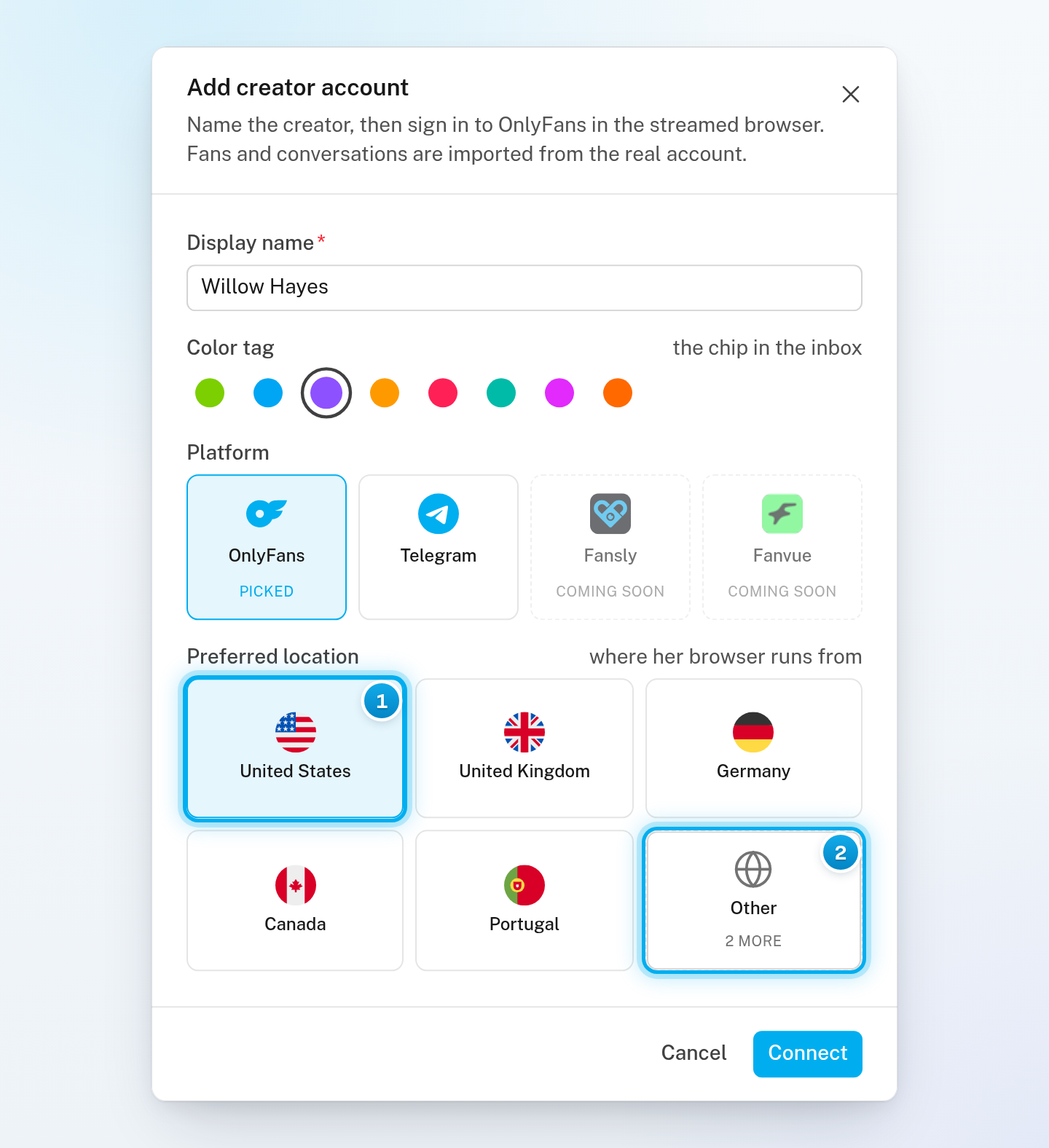 The Add creator account window with the Preferred location cards, the United States selected, and the Other tile for more countries
