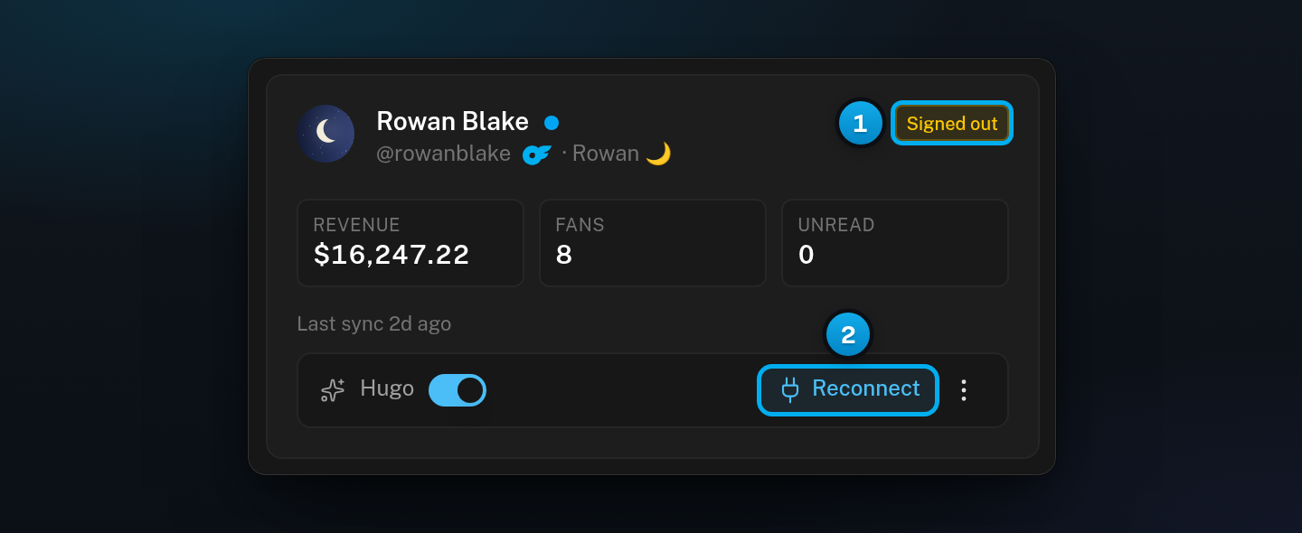 Rowan Blake's card in the creator list with the yellow Signed out status and the Reconnect button