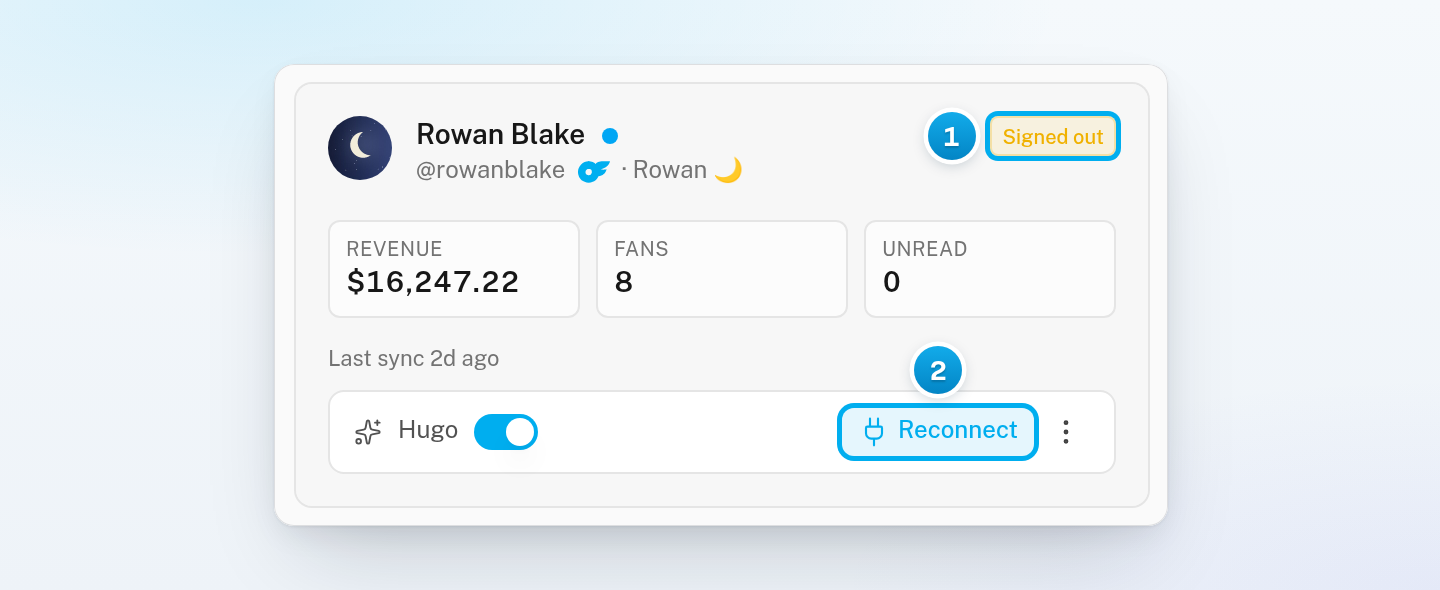 Rowan Blake's card in the creator list with the yellow Signed out status and the Reconnect button