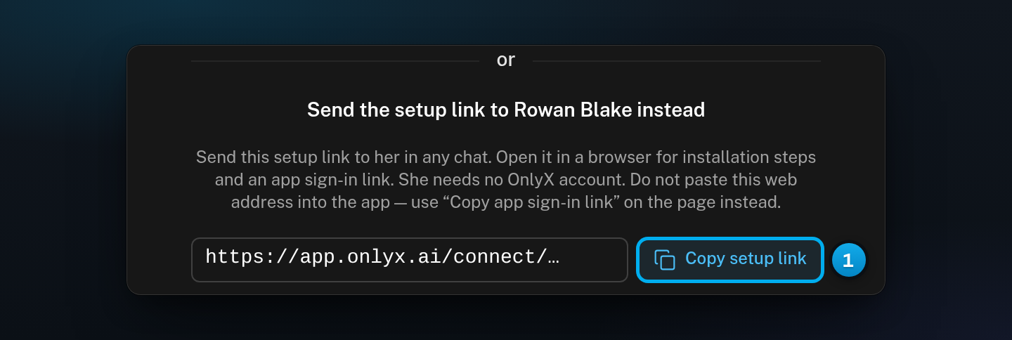 The Connect with App tab with Send the setup link to Rowan Blake instead, the setup link box and the Copy setup link button