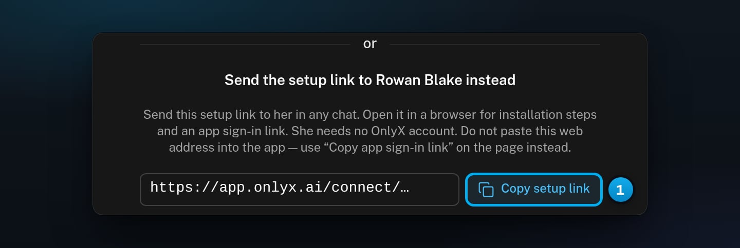 The Connect with App tab with Send the setup link to Rowan Blake instead, the setup link box and the Copy setup link button