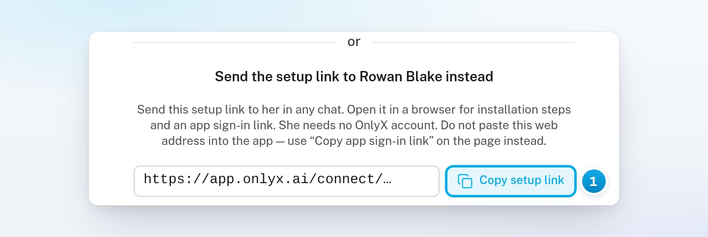 The Connect with App tab with Send the setup link to Rowan Blake instead, the setup link box and the Copy setup link button