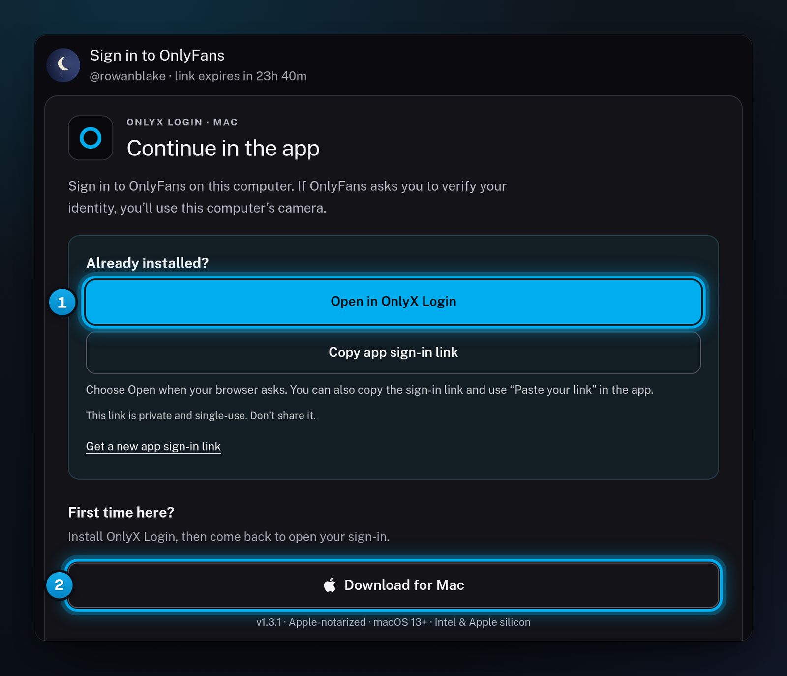 The creator's setup page on a Mac with the Open in OnlyX Login button and the Download for Mac button
