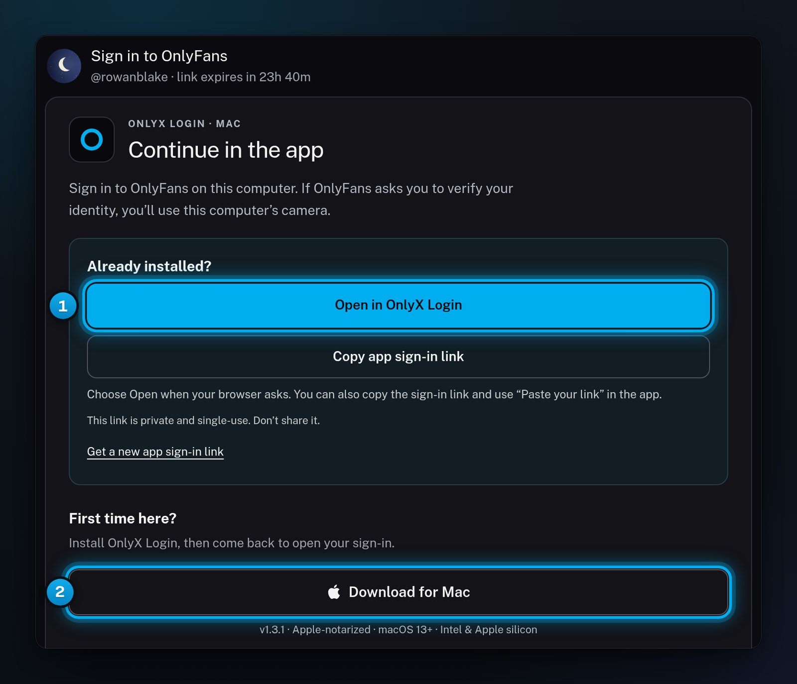 The creator's setup page on a Mac with the Open in OnlyX Login button and the Download for Mac button