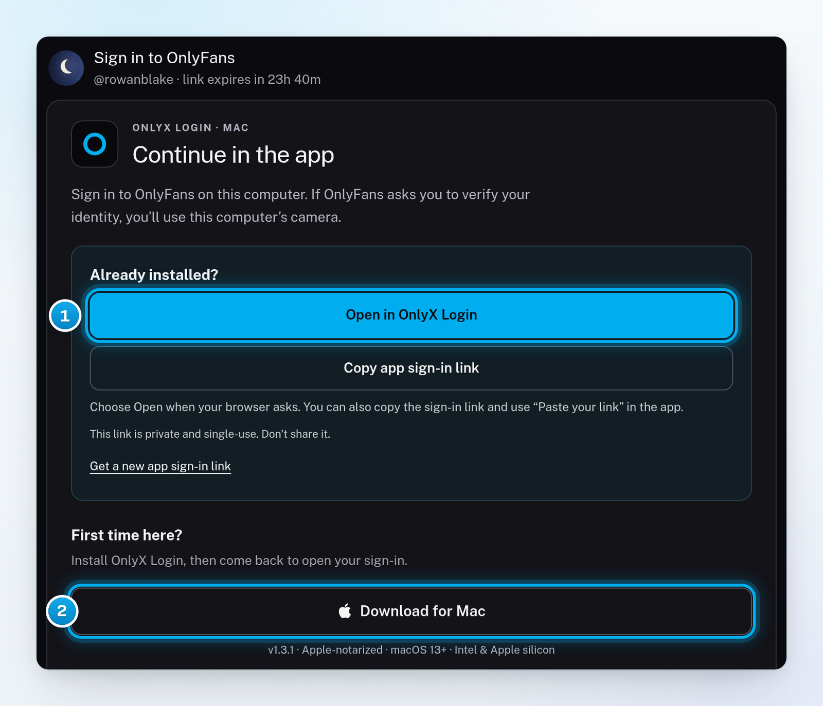 The creator's setup page on a Mac with the Open in OnlyX Login button and the Download for Mac button