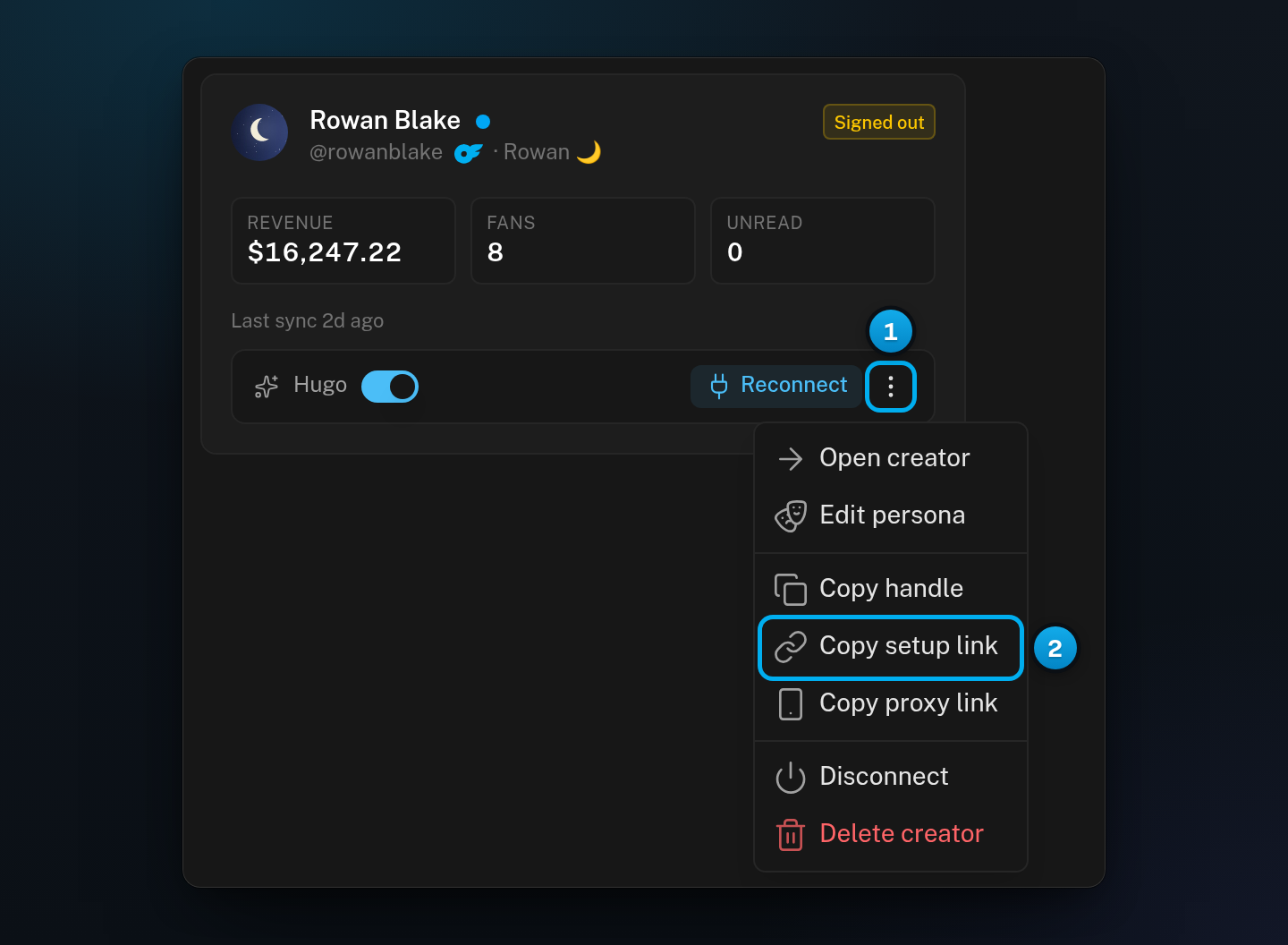Rowan Blake's card in the creator list with its three-dot menu open and Copy setup link in the menu