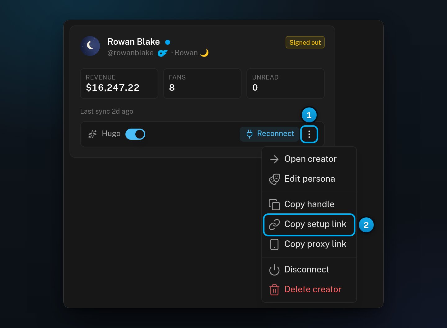 Rowan Blake's card in the creator list with its three-dot menu open and Copy setup link in the menu