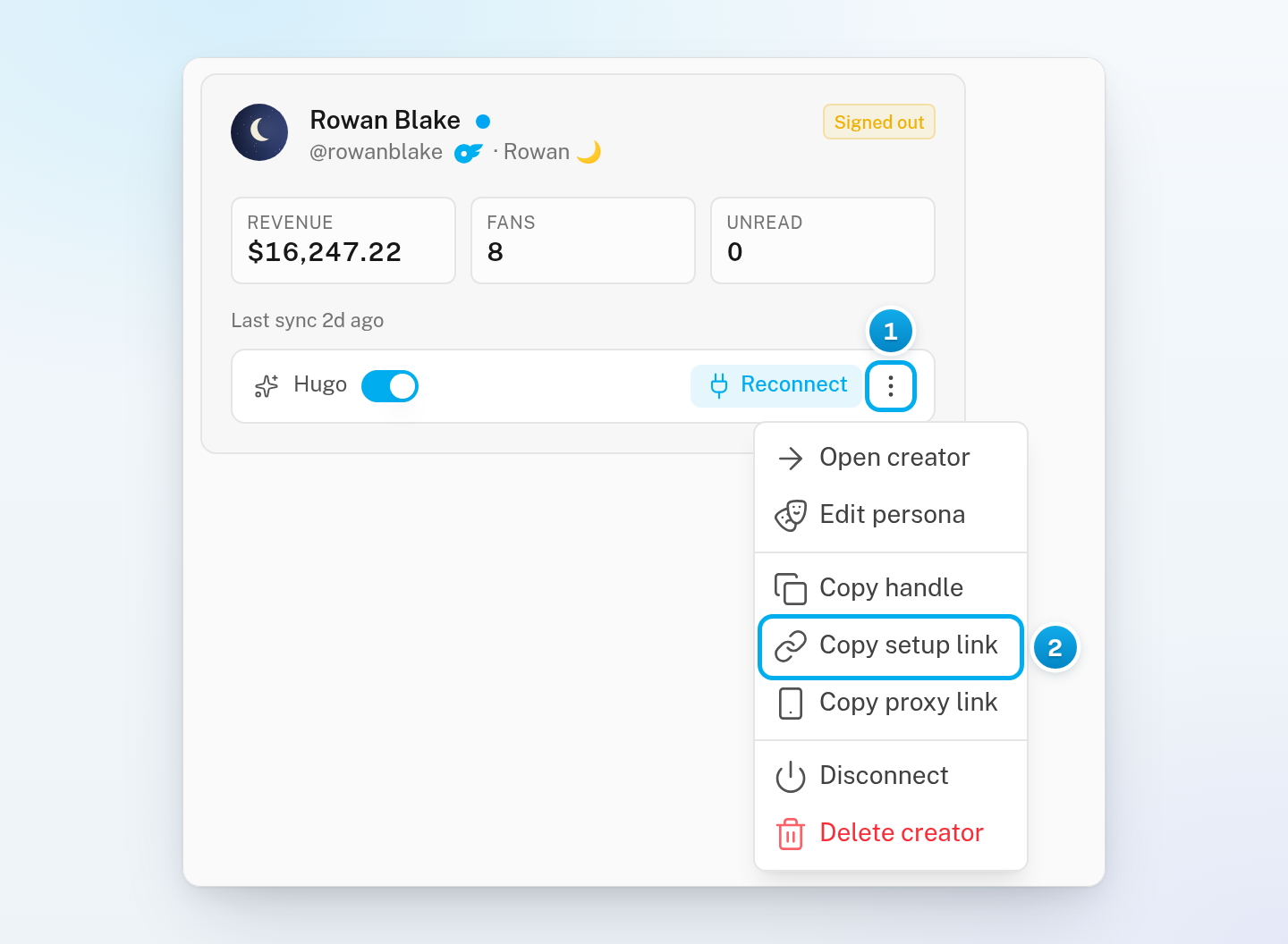 Rowan Blake's card in the creator list with its three-dot menu open and Copy setup link in the menu