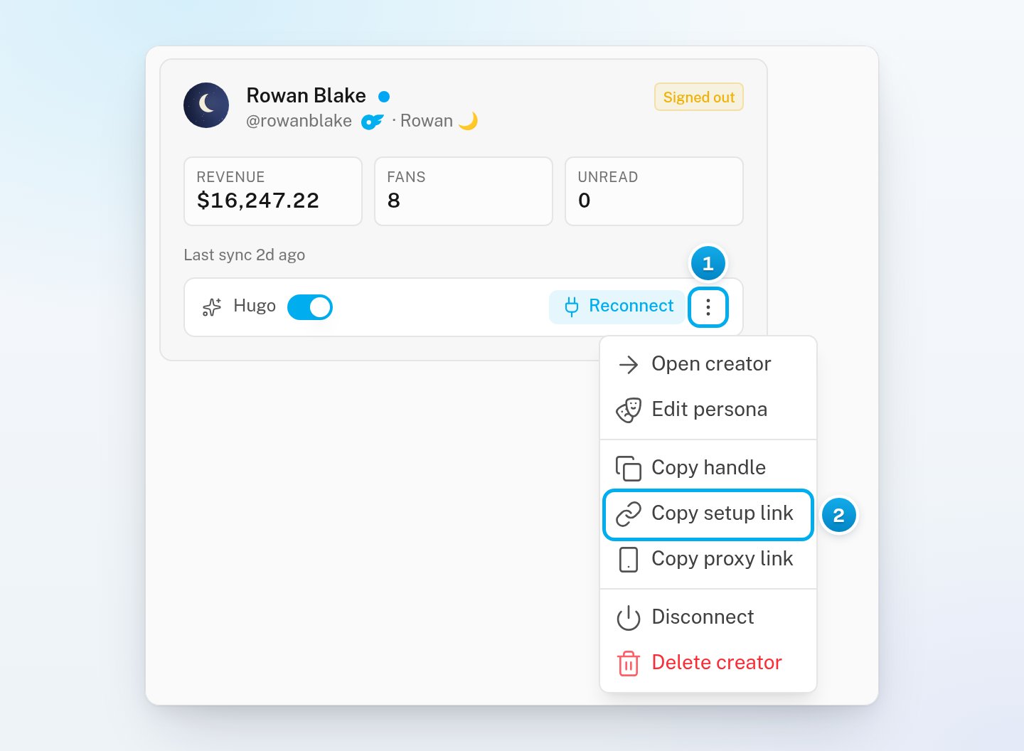 Rowan Blake's card in the creator list with its three-dot menu open and Copy setup link in the menu