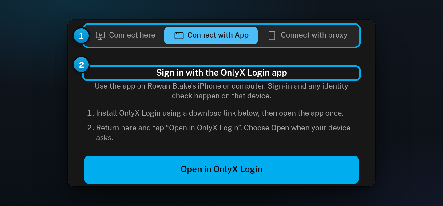 The sign-in window on the Connect with App tab, with the three tabs at the top and the OnlyX Login app panel under them