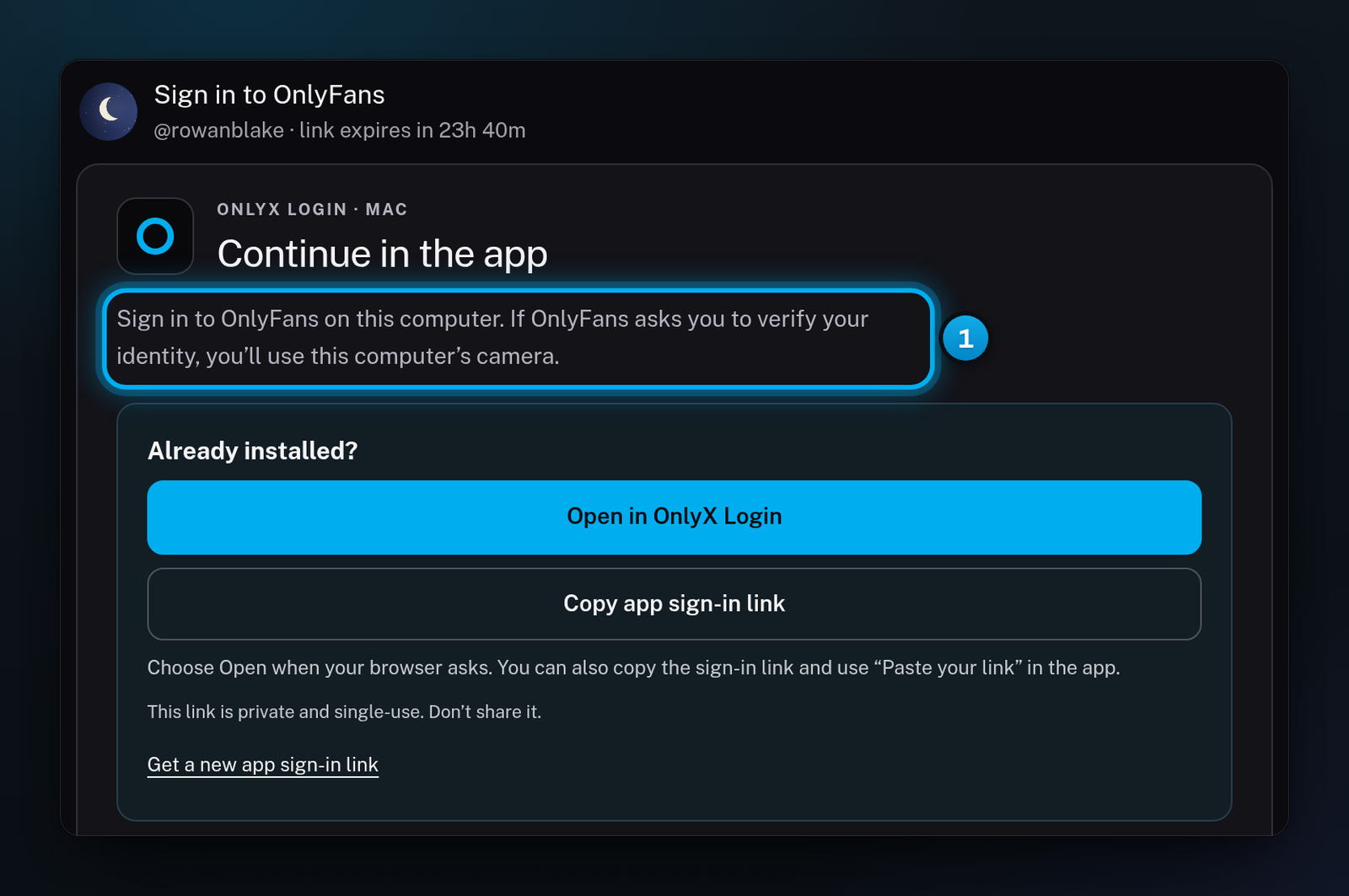 The Continue in the app card on a Mac, with the sentence that says the face check uses this computer's camera marked