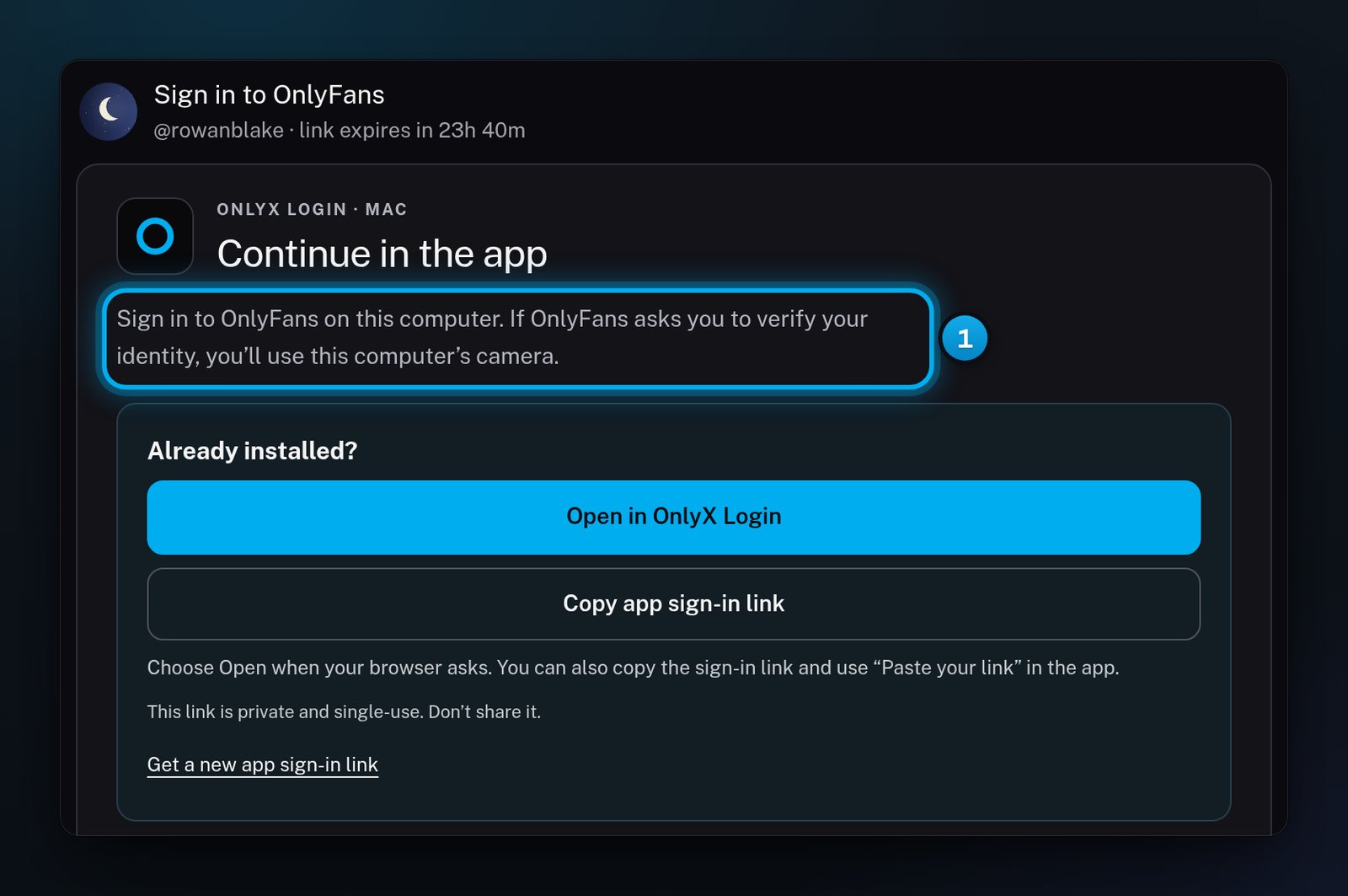 The Continue in the app card on a Mac, with the sentence that says the face check uses this computer's camera marked