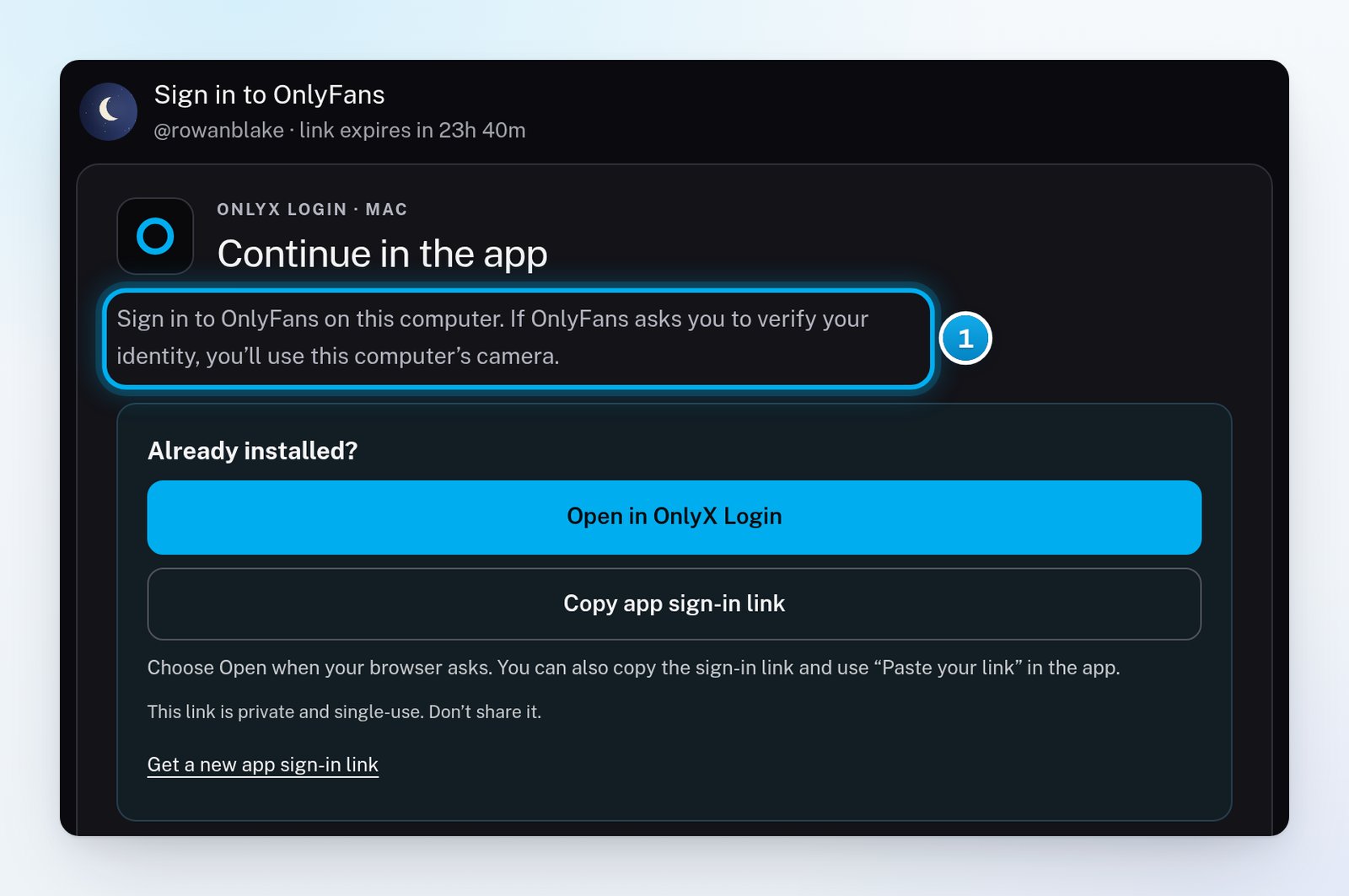 The Continue in the app card on a Mac, with the sentence that says the face check uses this computer's camera marked