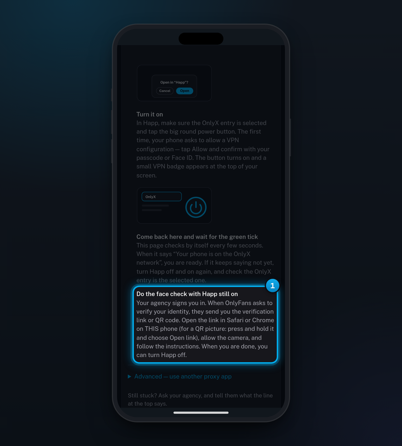The face check page on an iPhone, with its last step marked: Do the face check with Happ still on