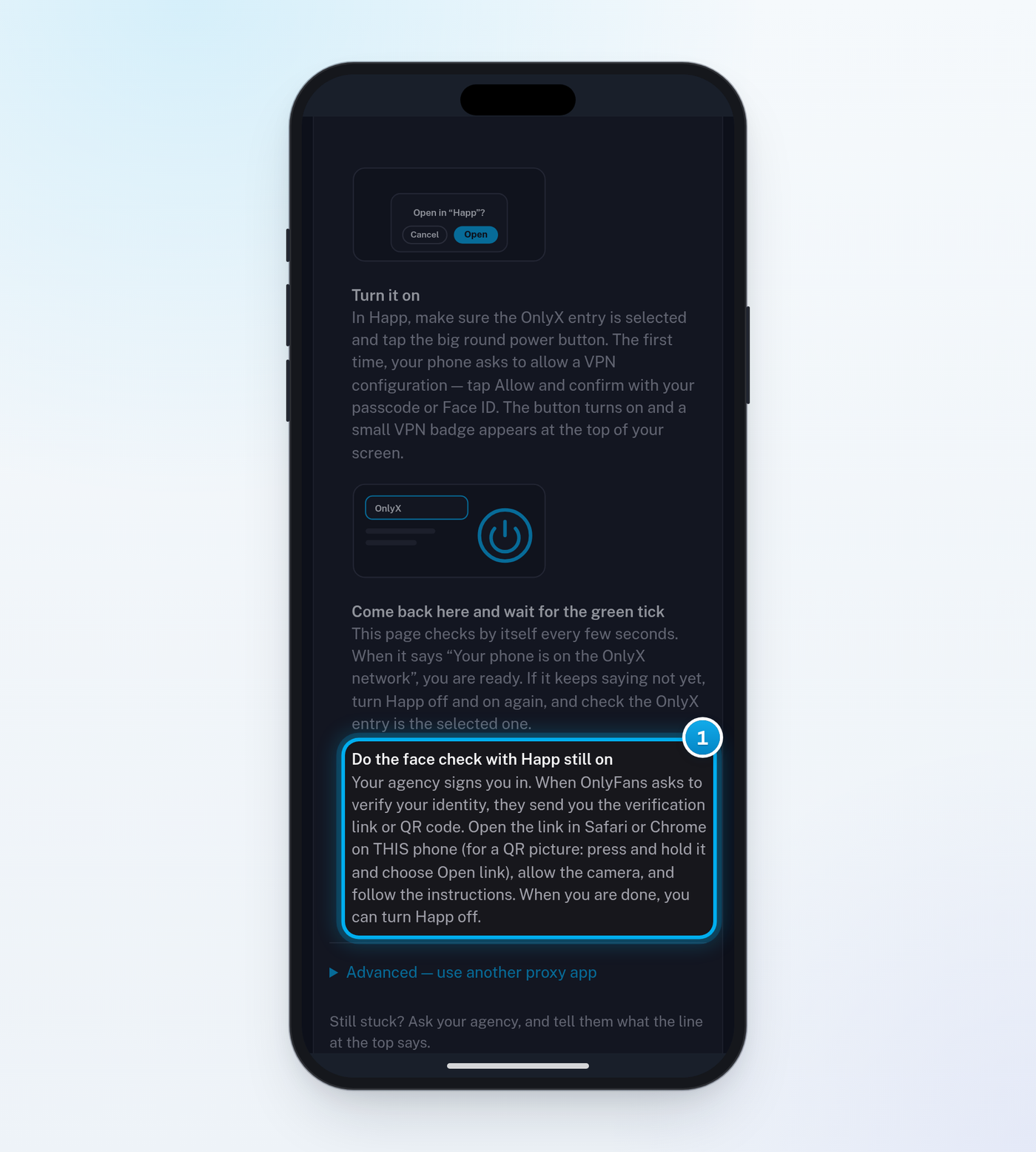 The face check page on an iPhone, with its last step marked: Do the face check with Happ still on