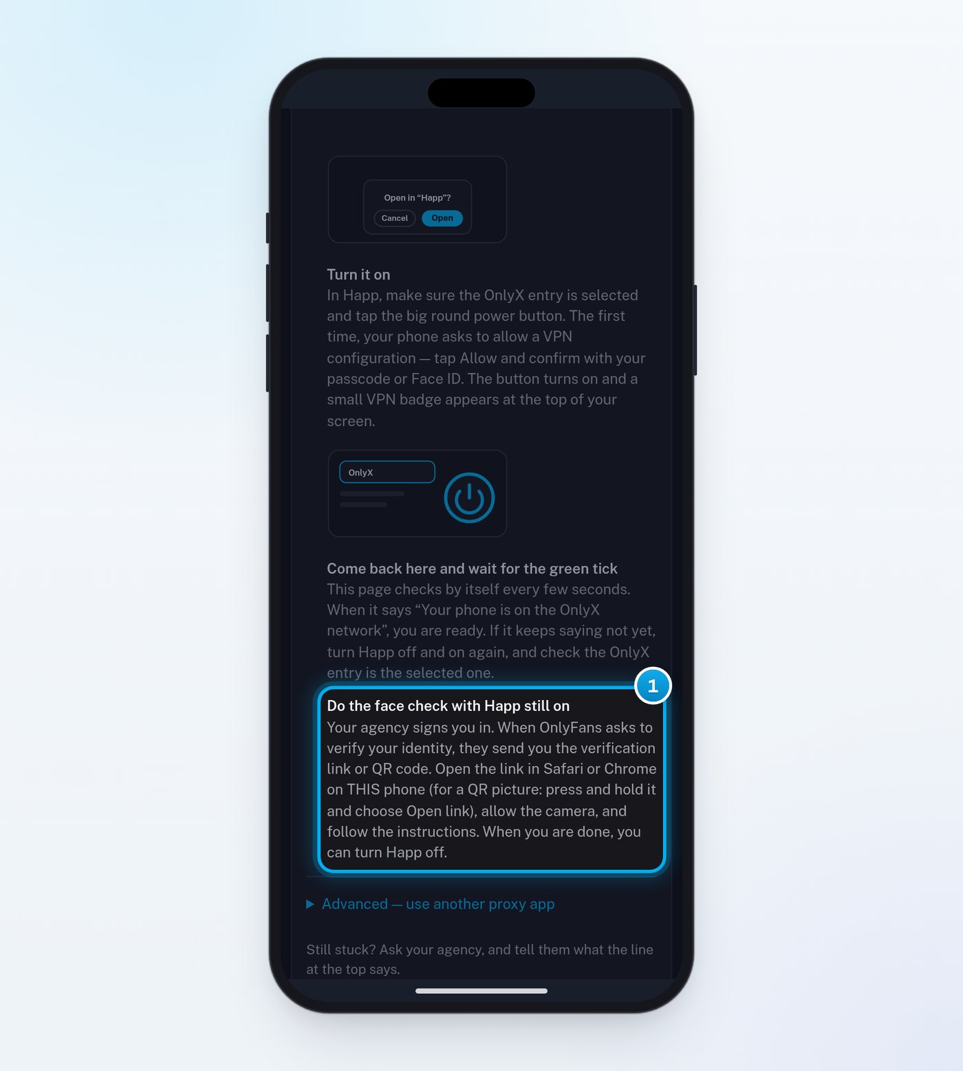 The face check page on an iPhone, with its last step marked: Do the face check with Happ still on
