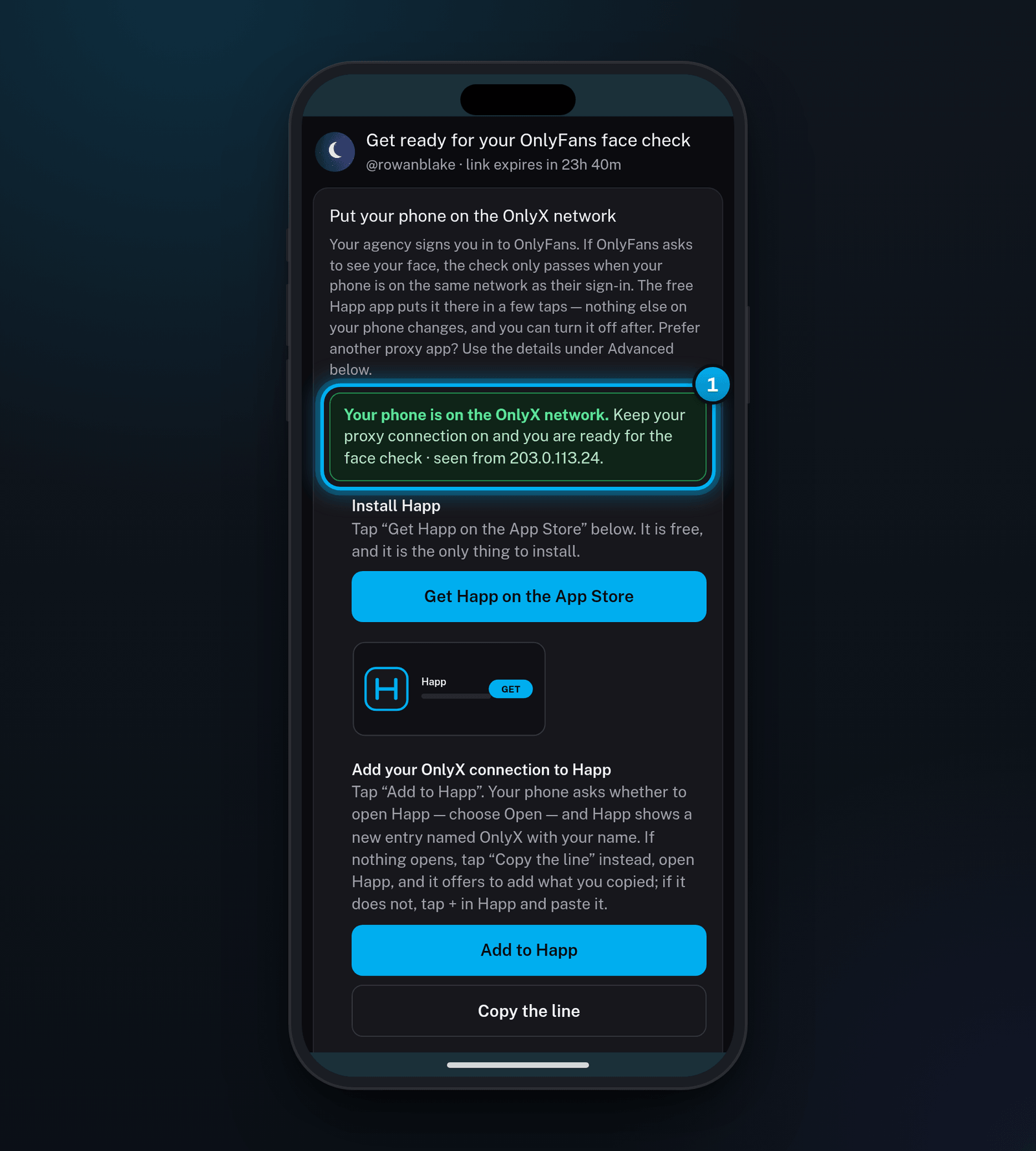The face check page on an iPhone with the green line: Your phone is on the OnlyX network
