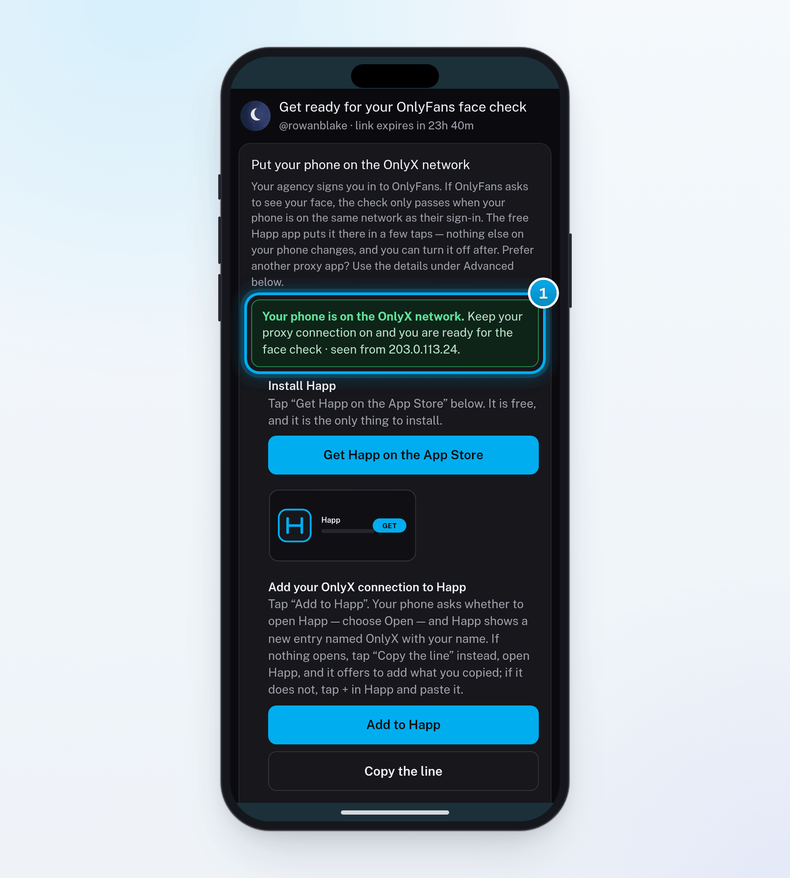 The face check page on an iPhone with the green line: Your phone is on the OnlyX network