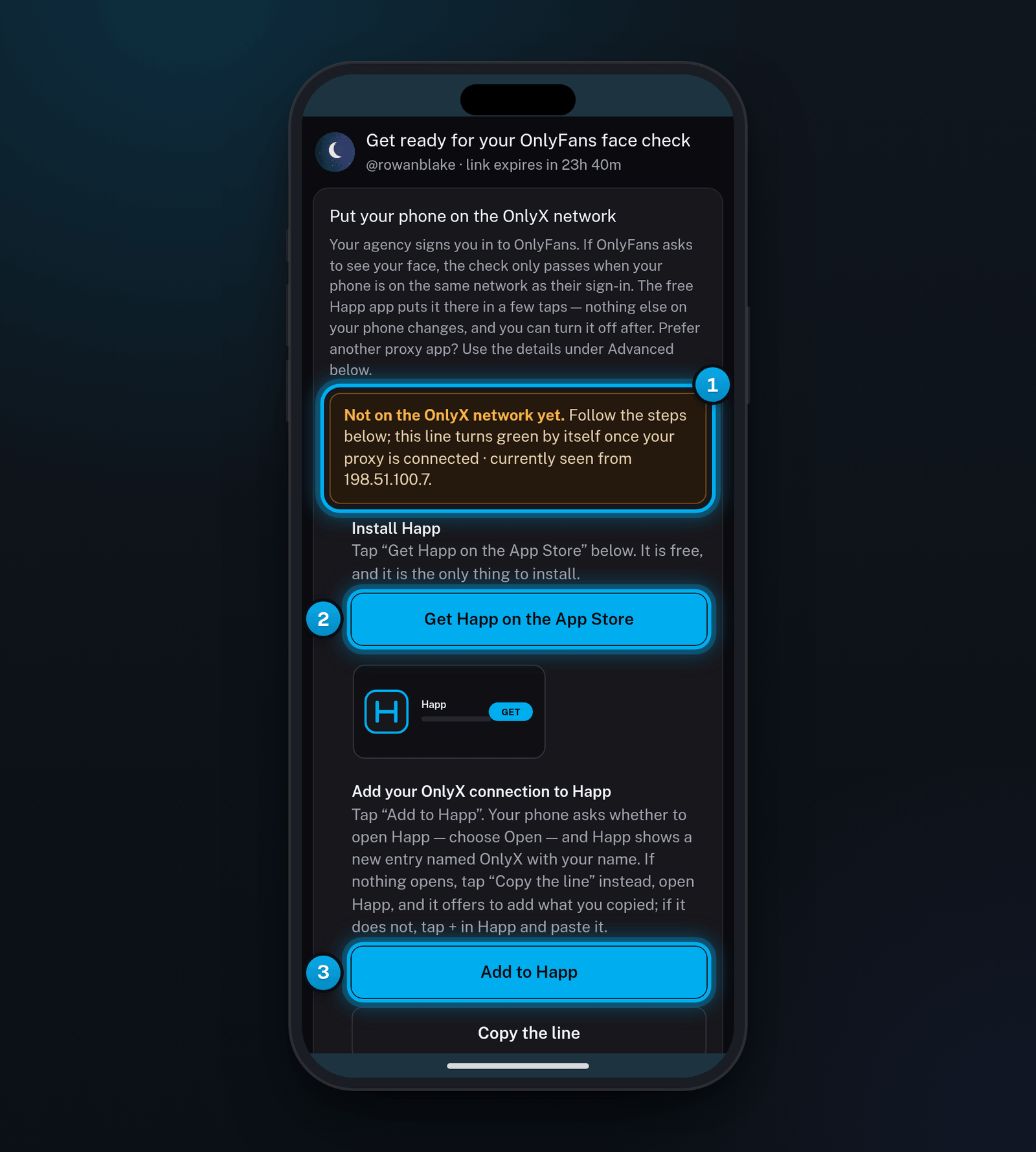 The face check page on an iPhone: the network line, the Get Happ on the App Store button and the Add to Happ button are marked
