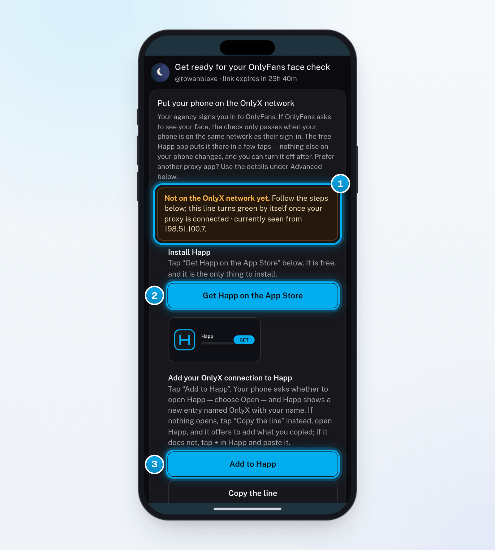 The face check page on an iPhone: the network line, the Get Happ on the App Store button and the Add to Happ button are marked