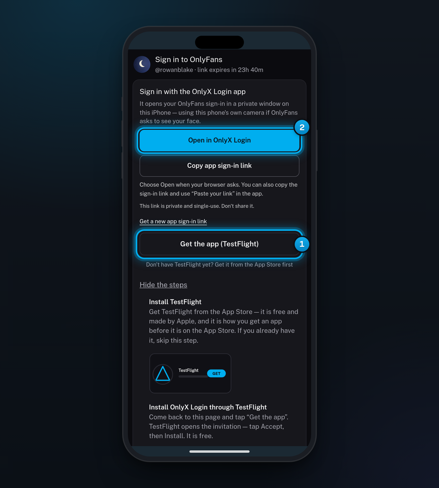 The OnlyX Login card on an iPhone, with the Get the app (TestFlight) button and the Open in OnlyX Login button marked