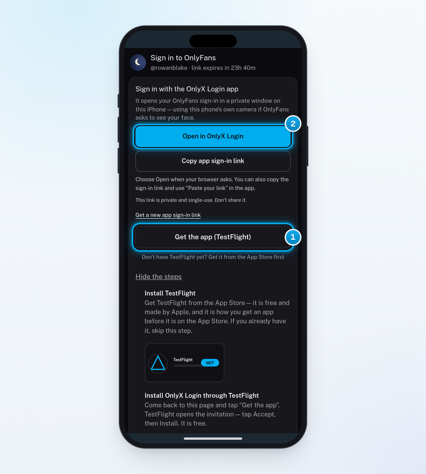 The OnlyX Login card on an iPhone, with the Get the app (TestFlight) button and the Open in OnlyX Login button marked