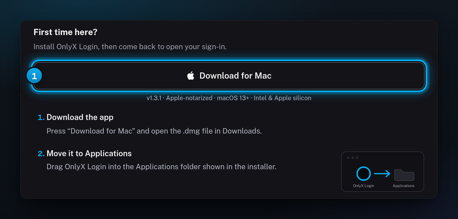 The OnlyX Login card on a Mac, with the Download for Mac button under First time here? and the first install steps