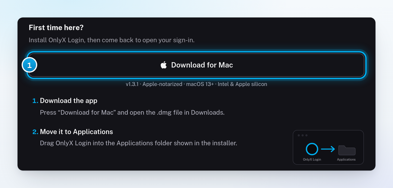 The OnlyX Login card on a Mac, with the Download for Mac button under First time here? and the first install steps