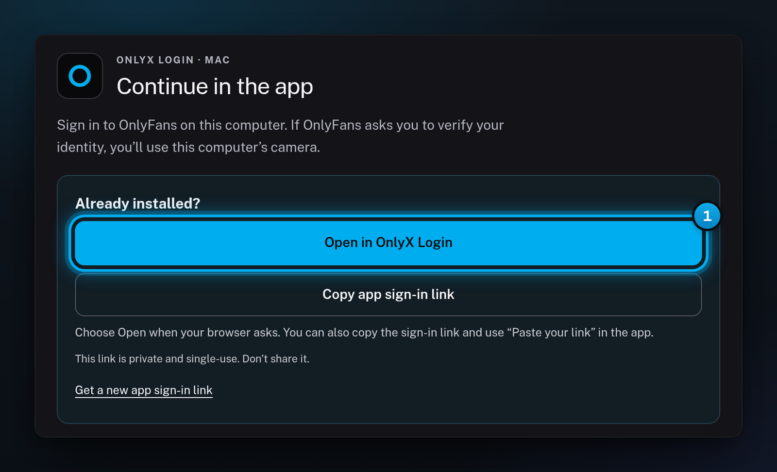 The Continue in the app card on a Mac, with the Open in OnlyX Login button under Already installed?