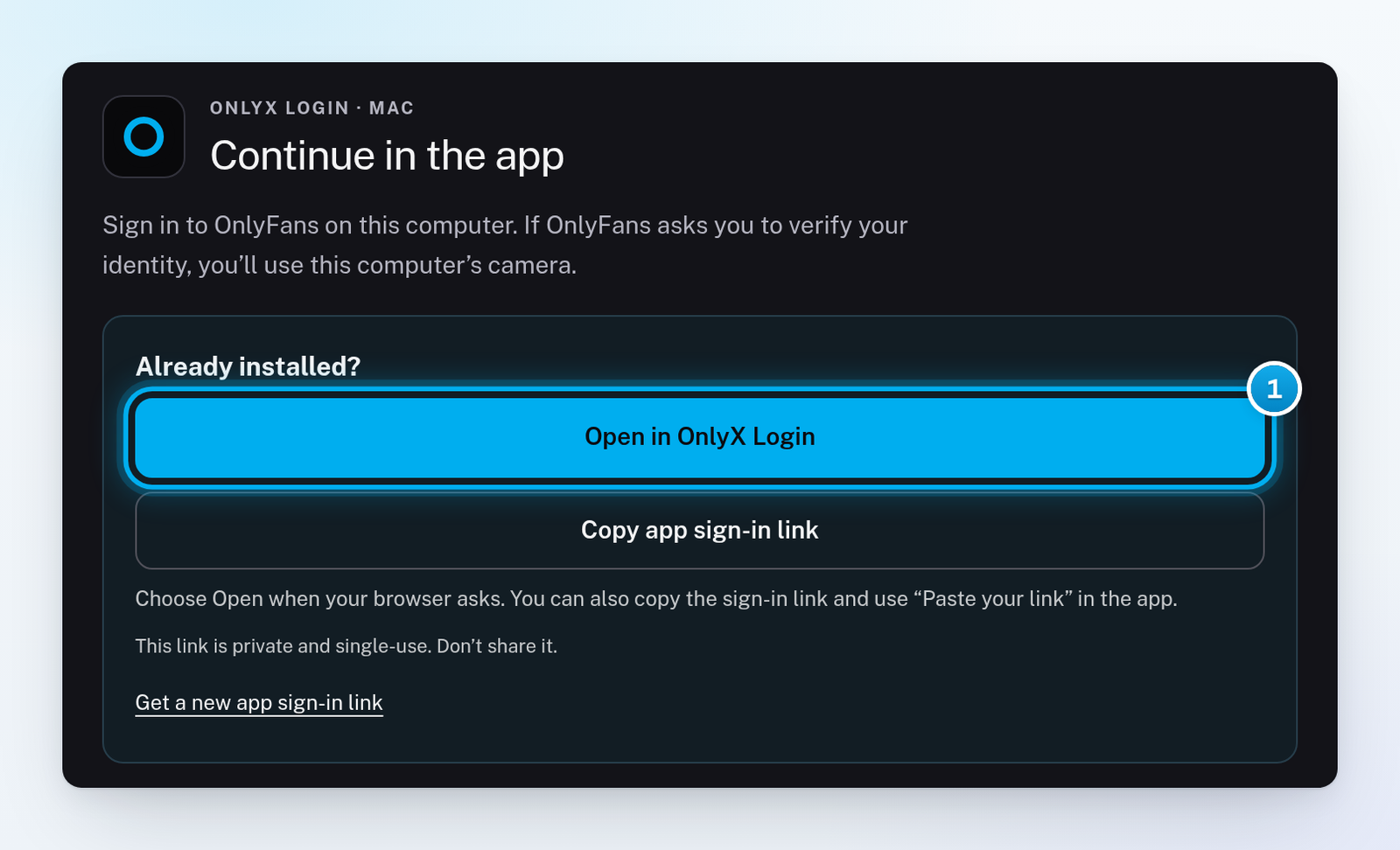The Continue in the app card on a Mac, with the Open in OnlyX Login button under Already installed?