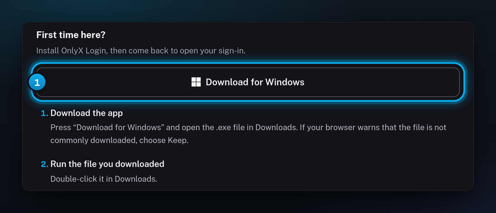 The OnlyX Login card on a Windows PC, with the Download for Windows button under First time here?