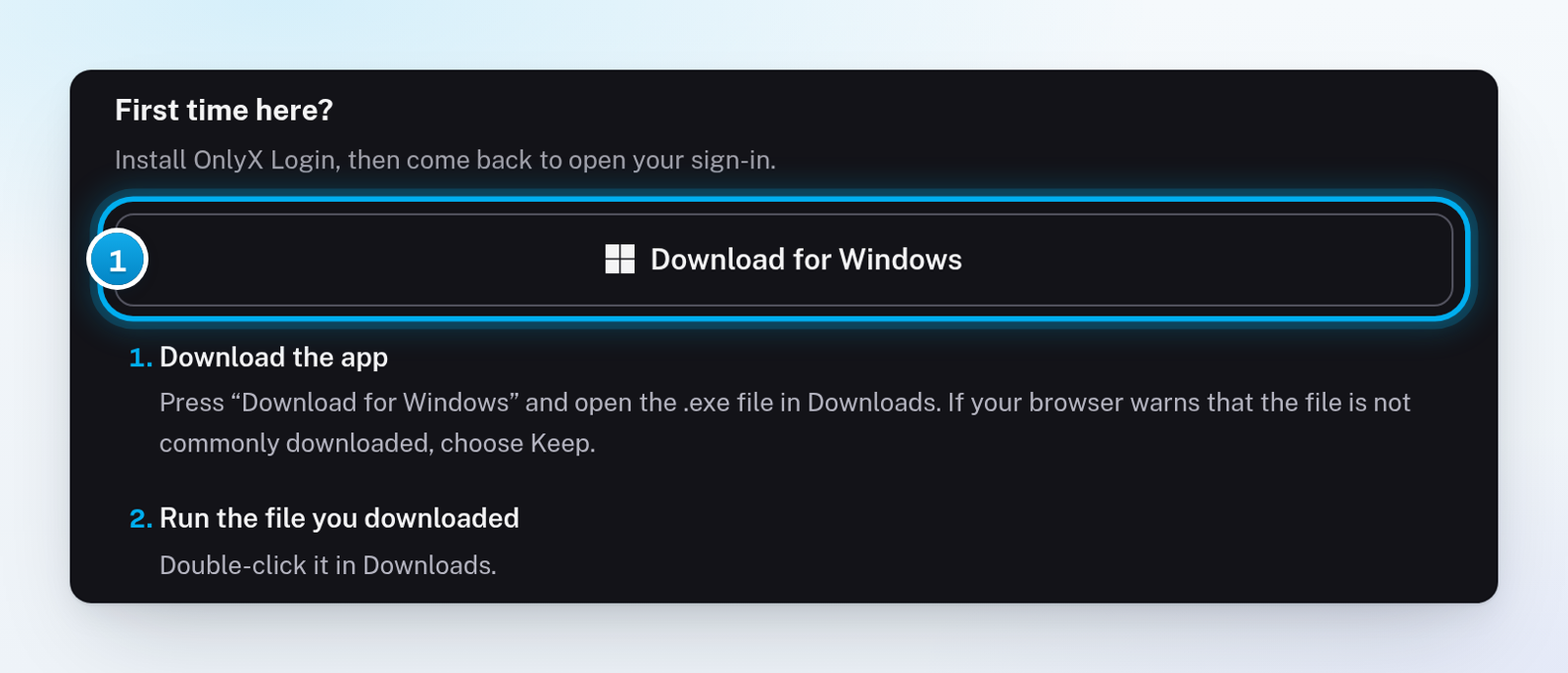 The OnlyX Login card on a Windows PC, with the Download for Windows button under First time here?