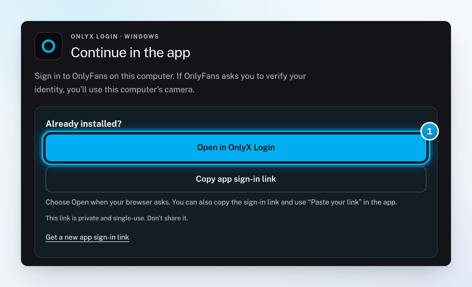 The Continue in the app card on a Windows PC, with the Open in OnlyX Login button under Already installed?