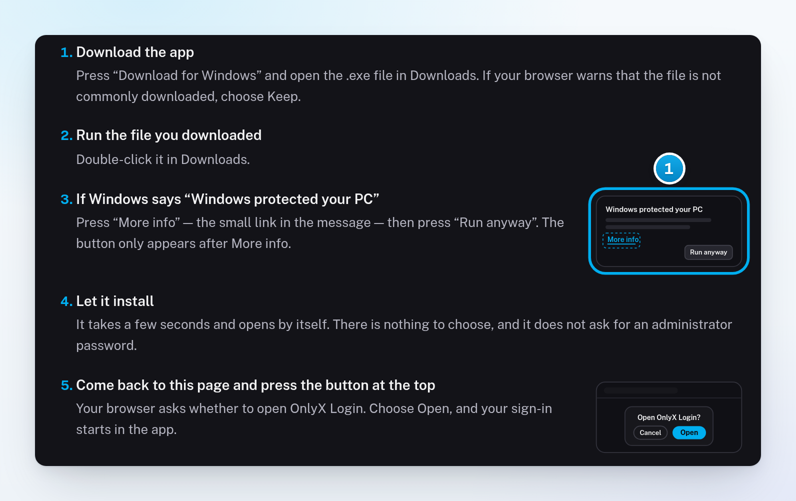 The install steps on the Windows card, with the page's drawing of the Windows protected your PC message and the small link to press first