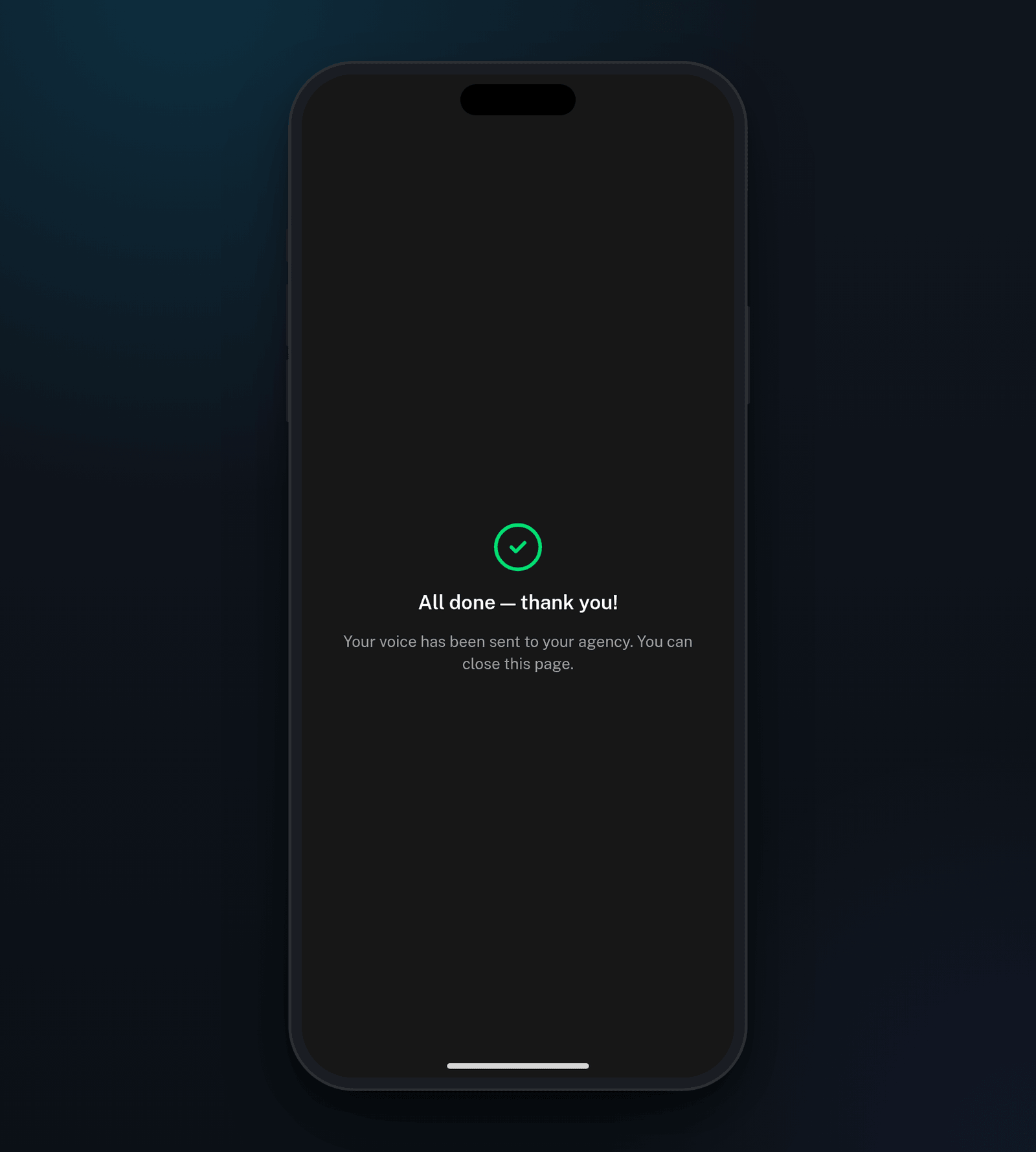 The Record your voice page on a phone after sending: All done, thank you, and your voice has been sent to your agency