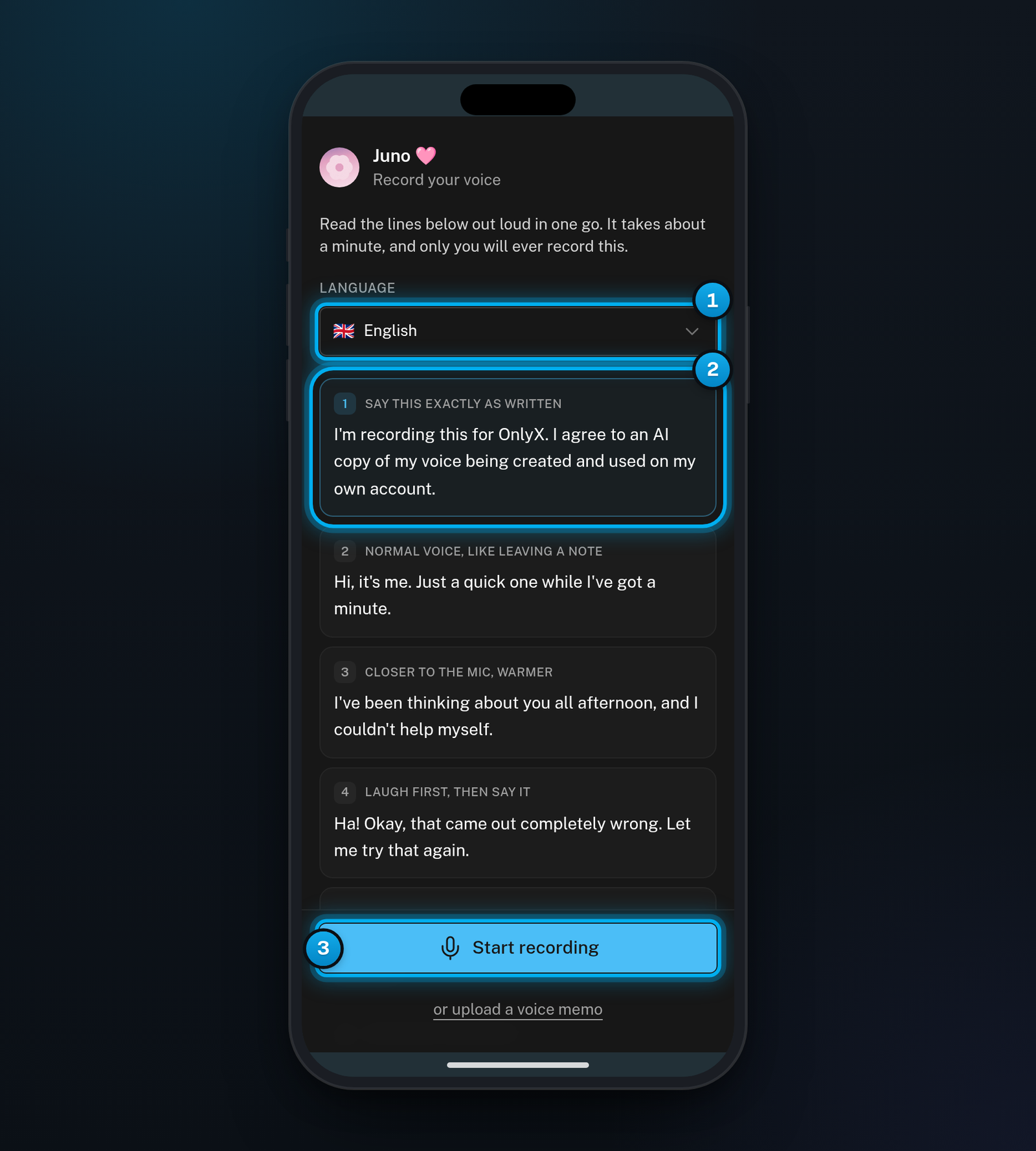 The Record your voice page on a phone, with the Language list, the highlighted consent line and the Start recording button marked