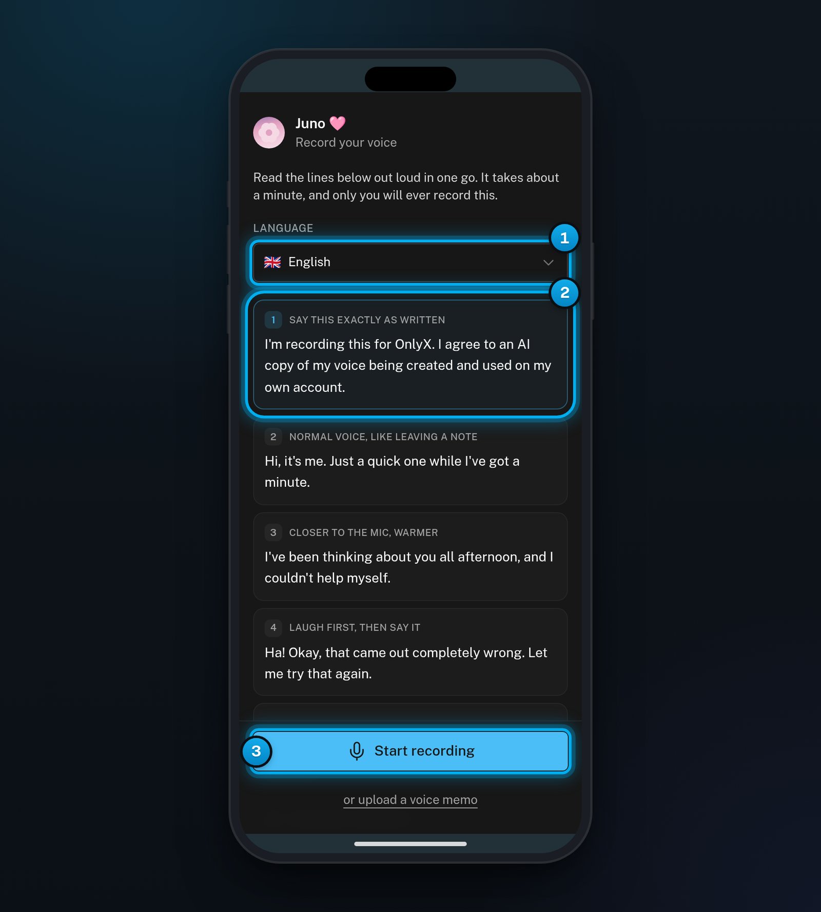 The Record your voice page on a phone, with the Language list, the highlighted consent line and the Start recording button marked